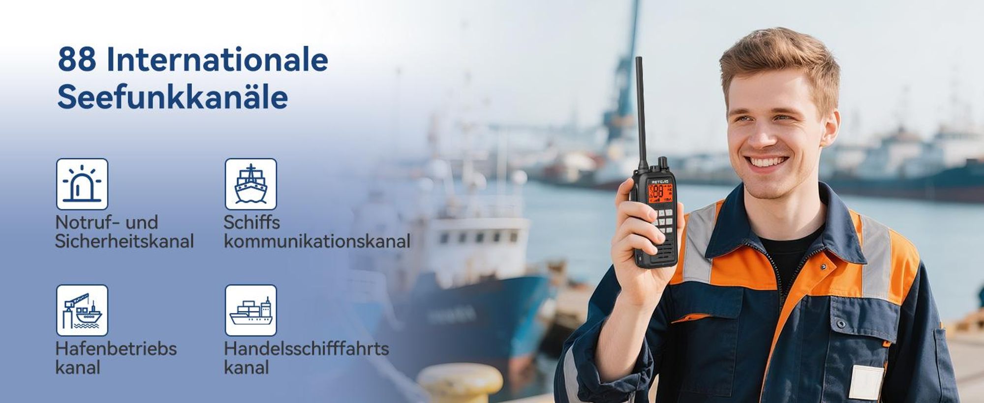 Retevis RM15 Seefunkgerät, Marine Walkie Talkie IP68, 2000 mAh Akku, Schwimmend, Vibration, 88 Kanäle, Handfunkgerät mit Lautsprecher für Bootfahren