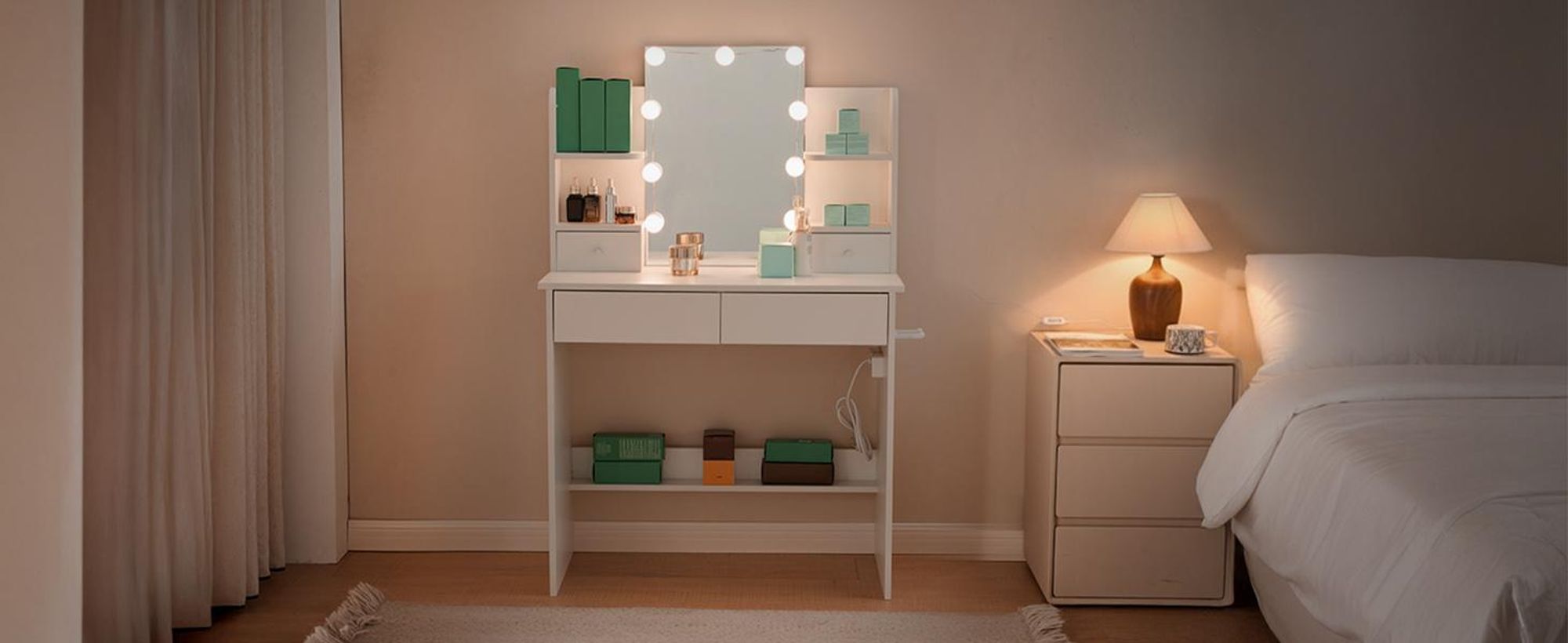 FCH Schminktisch mit 3-LED Einstellbare Helligkeit, Steckdosenleiste, 4 Schubladen & Ablagefächern, 85cm x 40cm x130cm, Weiß