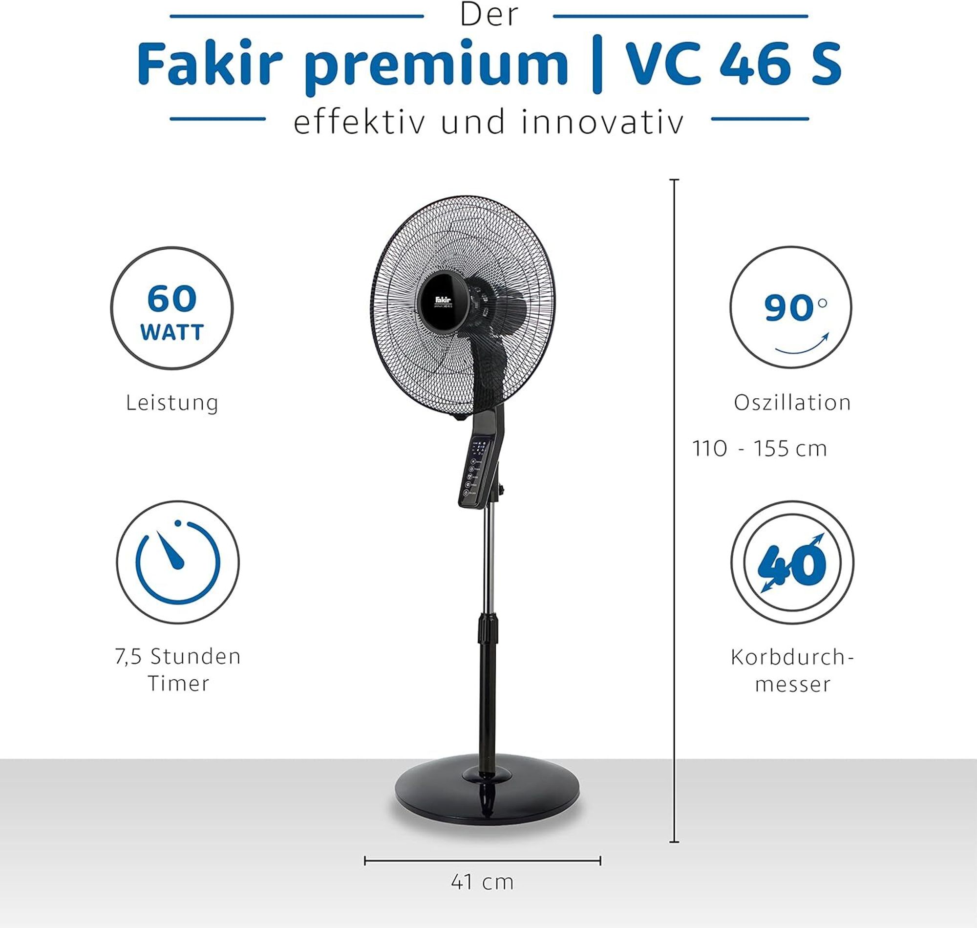 Fakir VC 46 S premium Standventilator, 45 cm Ø, extra leise, Oszillation, verstellbar, Fernbedienung, Touch-Steuerung