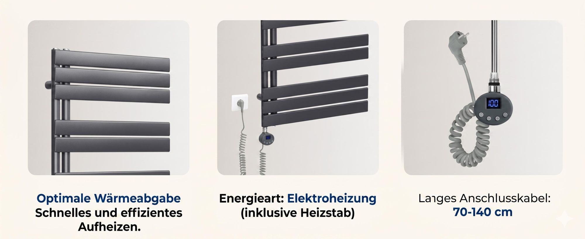 Heilmetz Elektrischer Badheizkörper 120x40 cm Anthrazit, 600W, Handtuchwärmer mit Thermostat & Timer, Flachpaneel