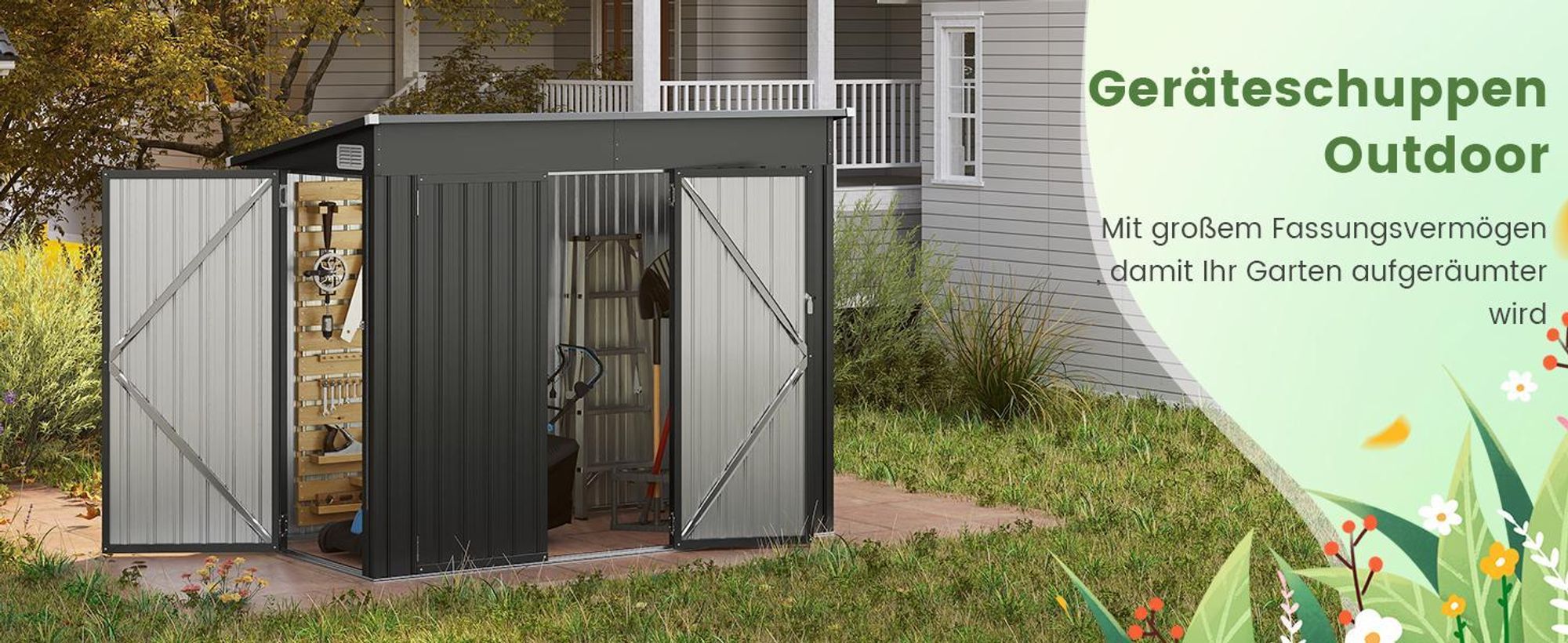 COSTWAY 2,6 ㎡ Gartenhaus 235x117x185cm Metall, 4,86 m³, Geräteschuppen mit Vordertür, Seitentür&Pultdach, Gartenschuppen abschließbar, Dunkelgrau