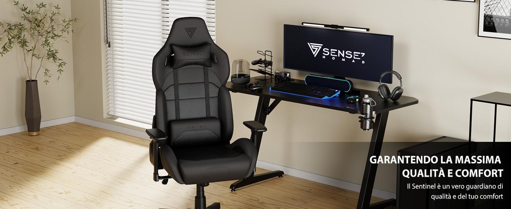 Sedia da gaming SENSE7 Sentinel - Sedia da ufficio ergonomica con braccioli 3D, inclinazione a 160°, funzione di oscillazione, imbottitura HDE™, pistone a gas, fino a 150 kg, nera