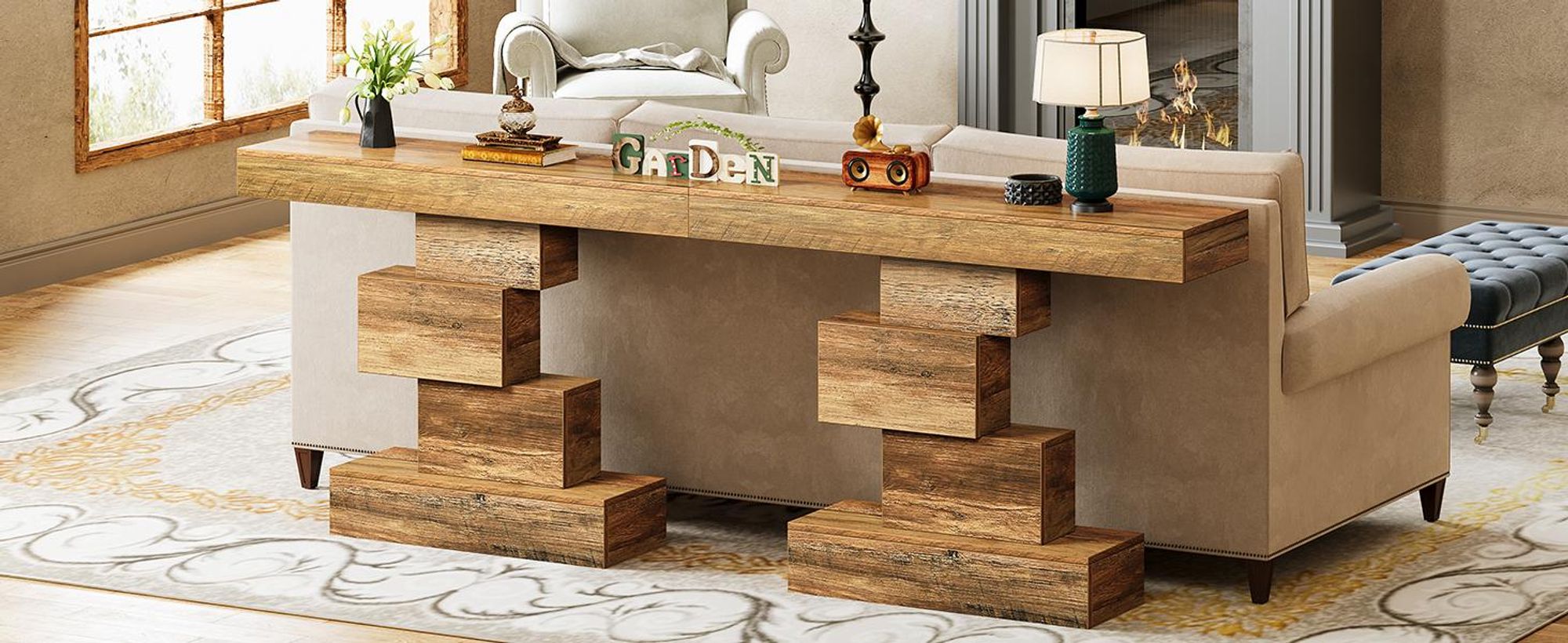 Tribesigns Konsolentisch, 108 cm schmaler Sofa-Beistelltisch Holz hinter der Couch mit platzsparendem geometrischem Sockel, Flurtisch (helle Eiche)