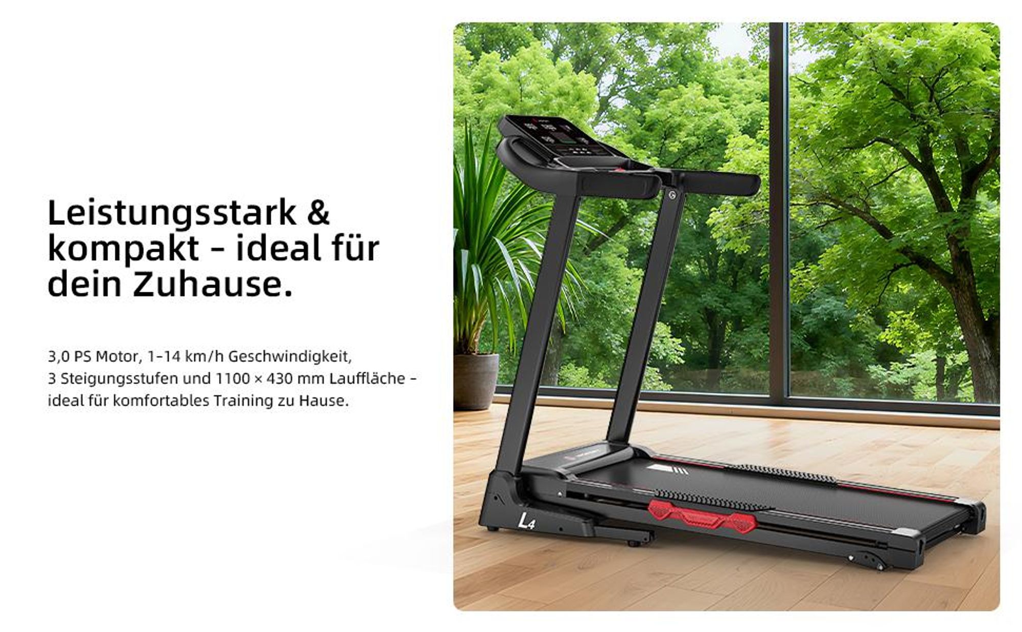 JASPORT L4 Laufband klappbar – 3.0 PS DC-Motor, bis 14 km/h, 3-Stufen Steigung, 1100×430 mm Lauffläche, LED, Bluetooth, App, 100 kg Belastbarkeit