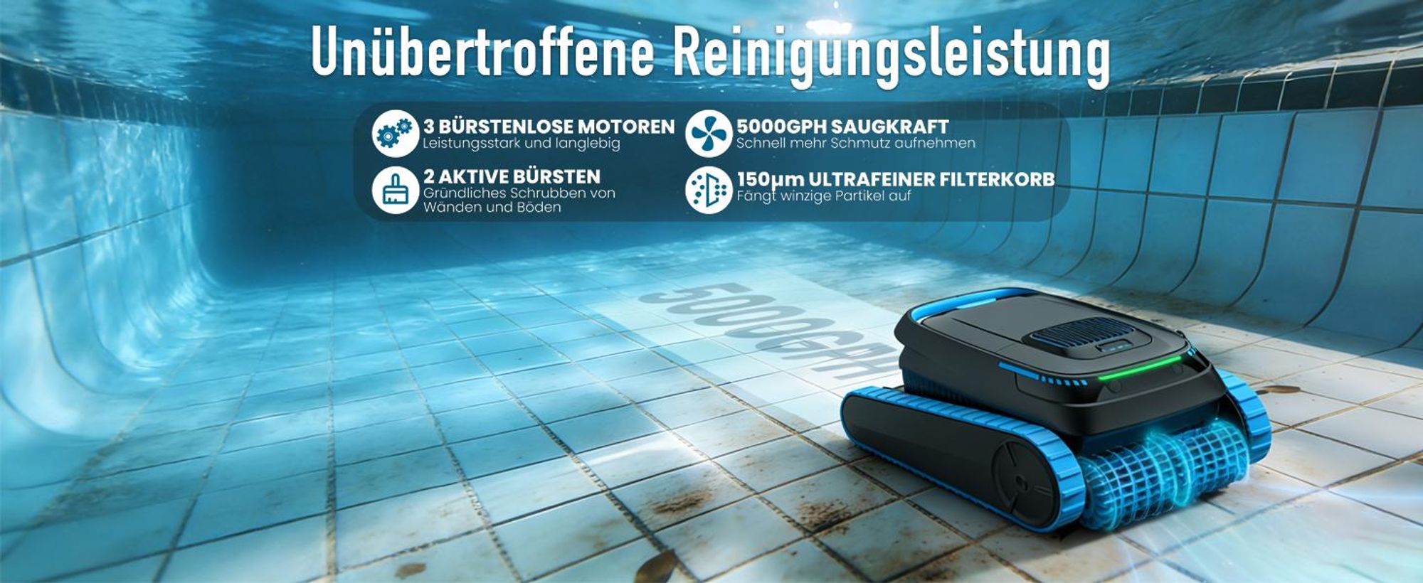 AIRROBO CP40 Poolroboter Boden und Wand mit APP, 120 Min Akkulaufzeit, 170m² Reinigungsfläche, Intelligente Navigation, Selbsteinparkfunktion
