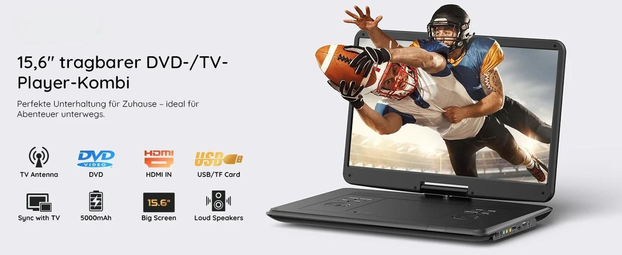 Boifun tragbarer DVD-Player mit ATSC-TV und FM-Radio 15,6-Zoll-HD-Schwenkbildschirm integriertem Akku HDMI-Eingang für TV-Stick USB-/TF-Karten