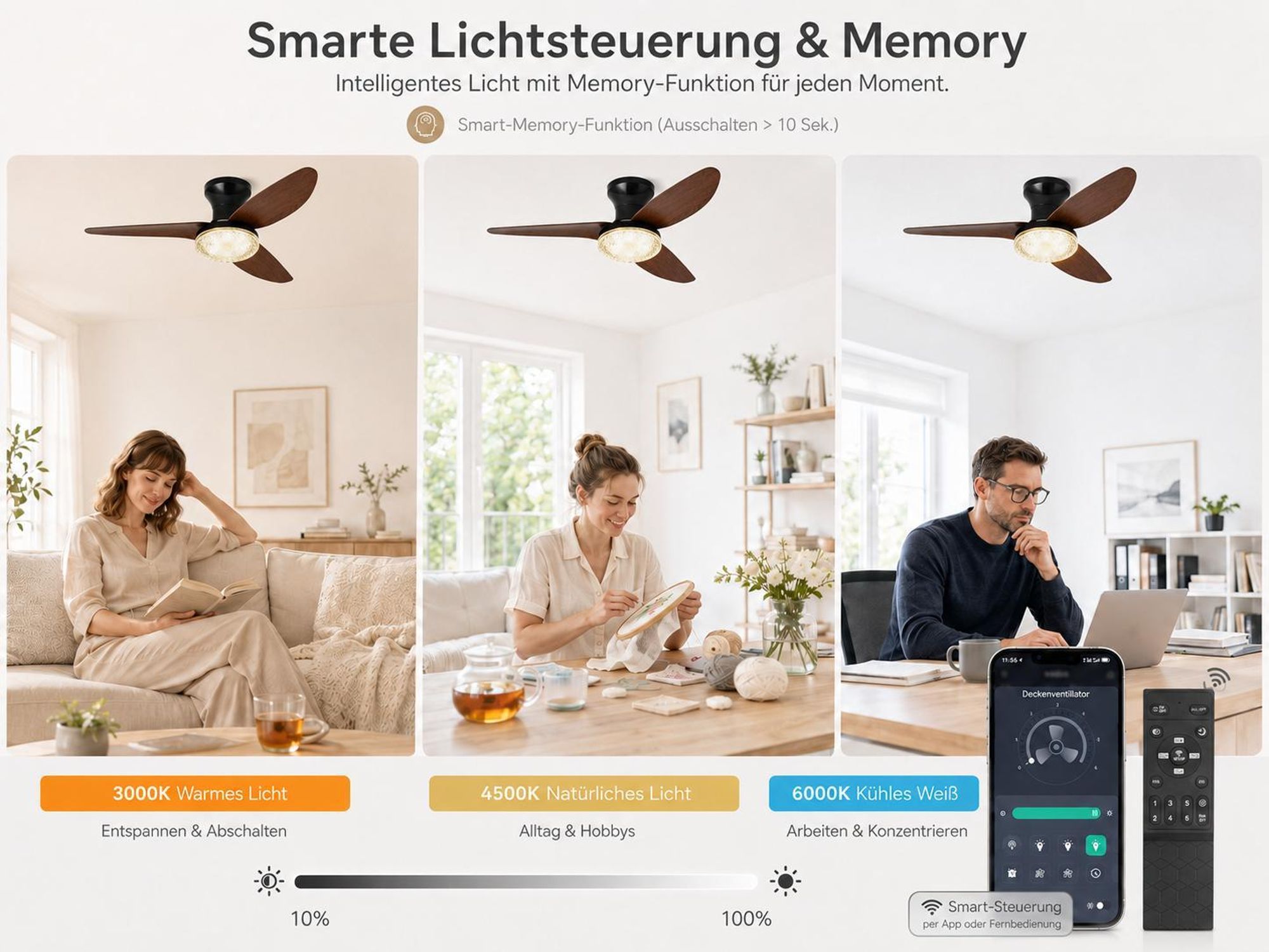 Deckenventilator mit Beleuchtung leise, Ø100cm DC Motor 6 Stufen, Smart APP & Fernbedienung, Dimmbar 3 Farben Umkehrbare Windrichtung Wohnzimmer Büro