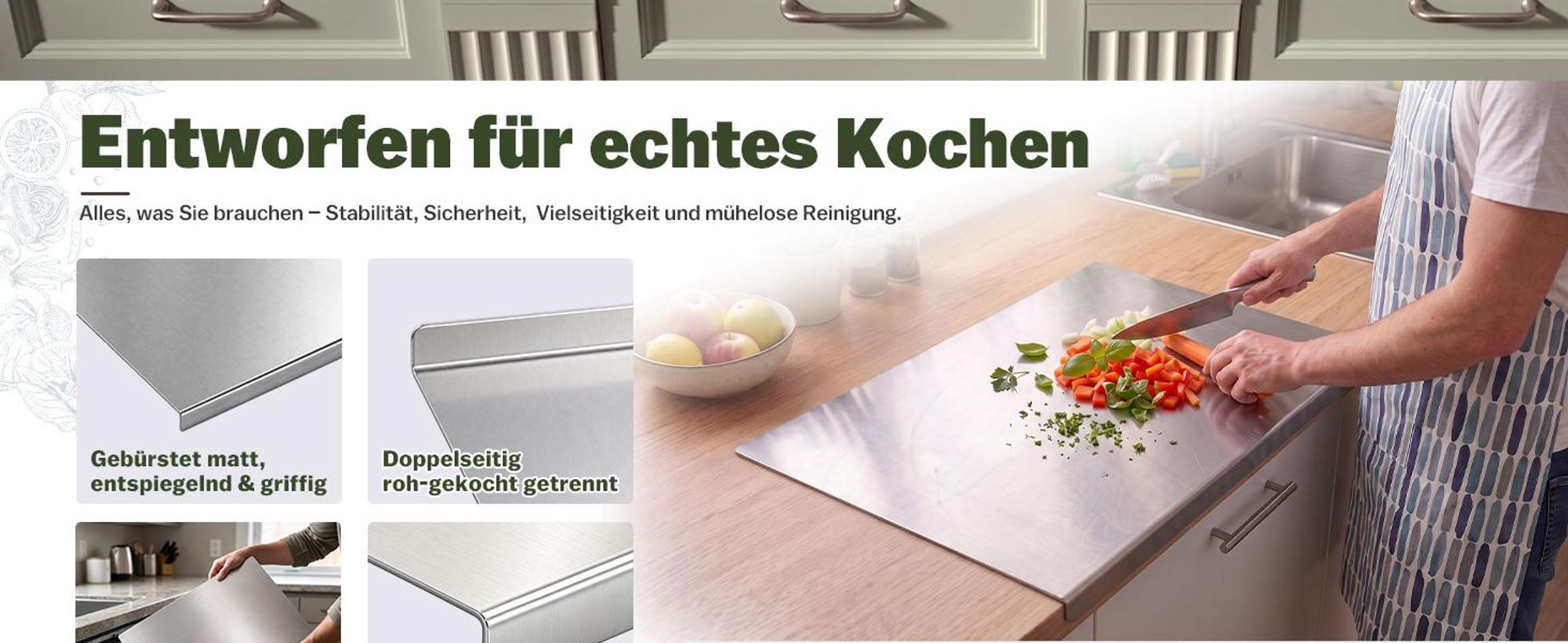 Edelstahl Schneidebrett, Arbeitsplatte mit Anschlagkante, Rutschfestes Profi Hackbrett für Küche - 60 x 40 cm