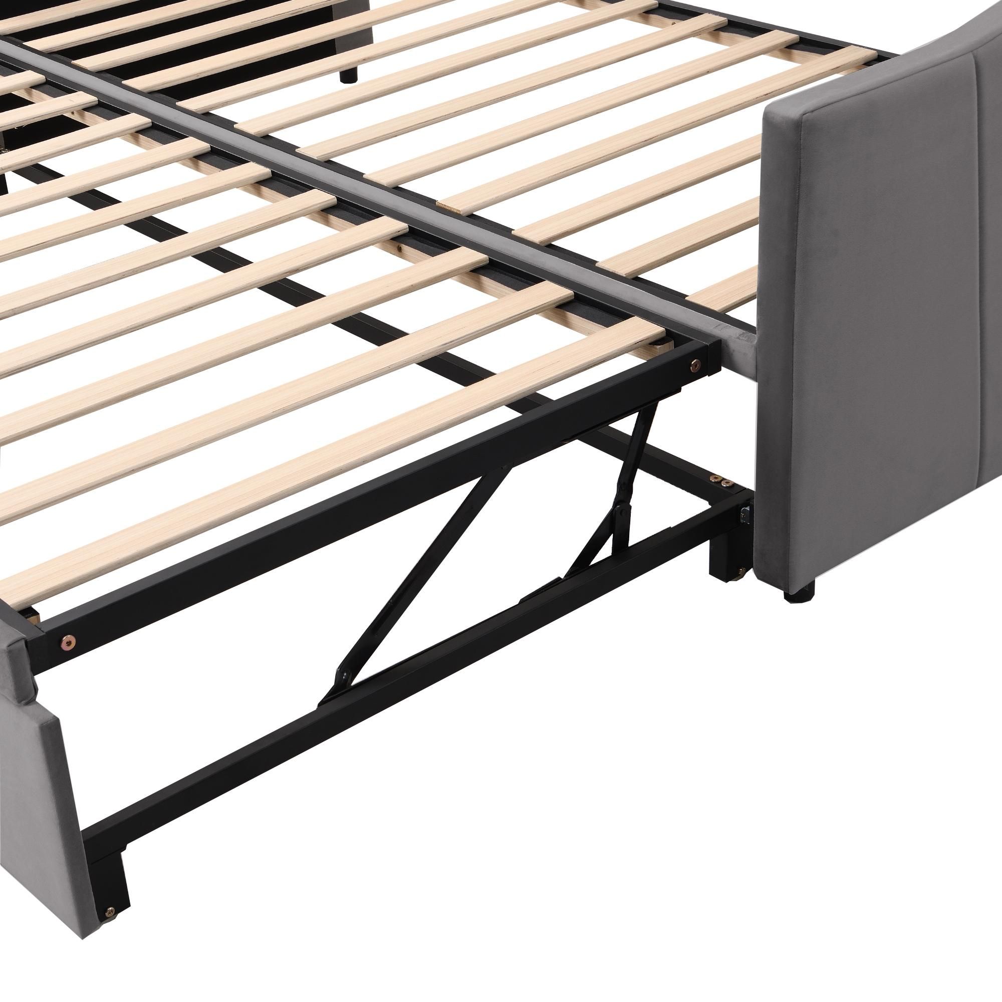 Merax Tagesbett 90x200cm/180x200cm Ausziehbett, Erweiterbares Schlafsofa mit Lattenrost und Armlehnen, Samt Polsterbett Kinderbett Sofabett, Grau