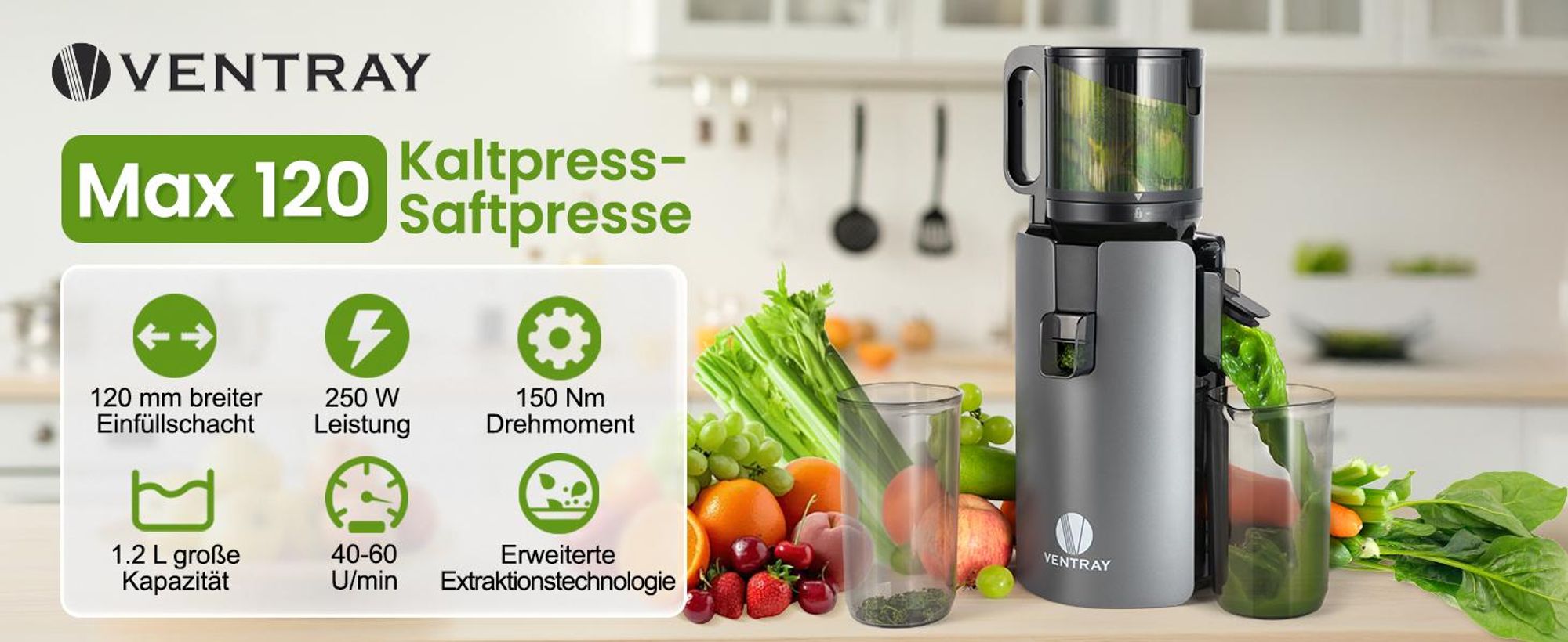 Ventray Max 120 Kaltpress Entsafter BPA frei mit Doppelfilter und 120 mm Einfülltrichter für hohe Saftausbeute leicht zu reinigen 250W, Schwarz