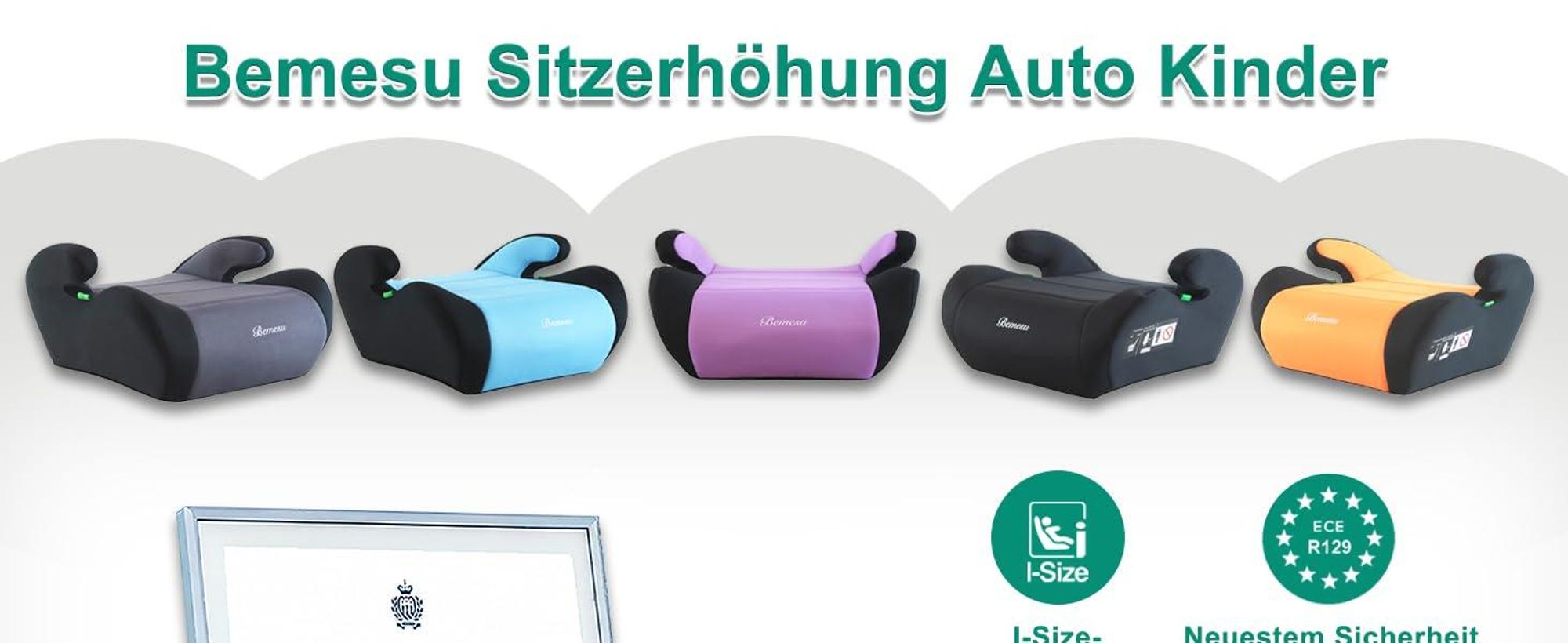 Bemesu Kinder-Autositzerhöhung,ECE R 129 Dreipunkt-Sicherheitsgurt,Booster-Pad,Leicht zu tragen，125–150 cm,6–10 Jahre,Schwarz