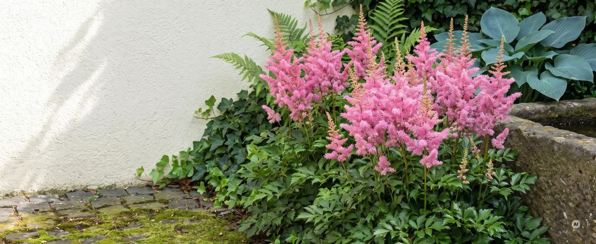 Prachtspiere 'Astary Rose' im Innenhof vor dunklem Efeu mit Farn, Funkie und Steintrog