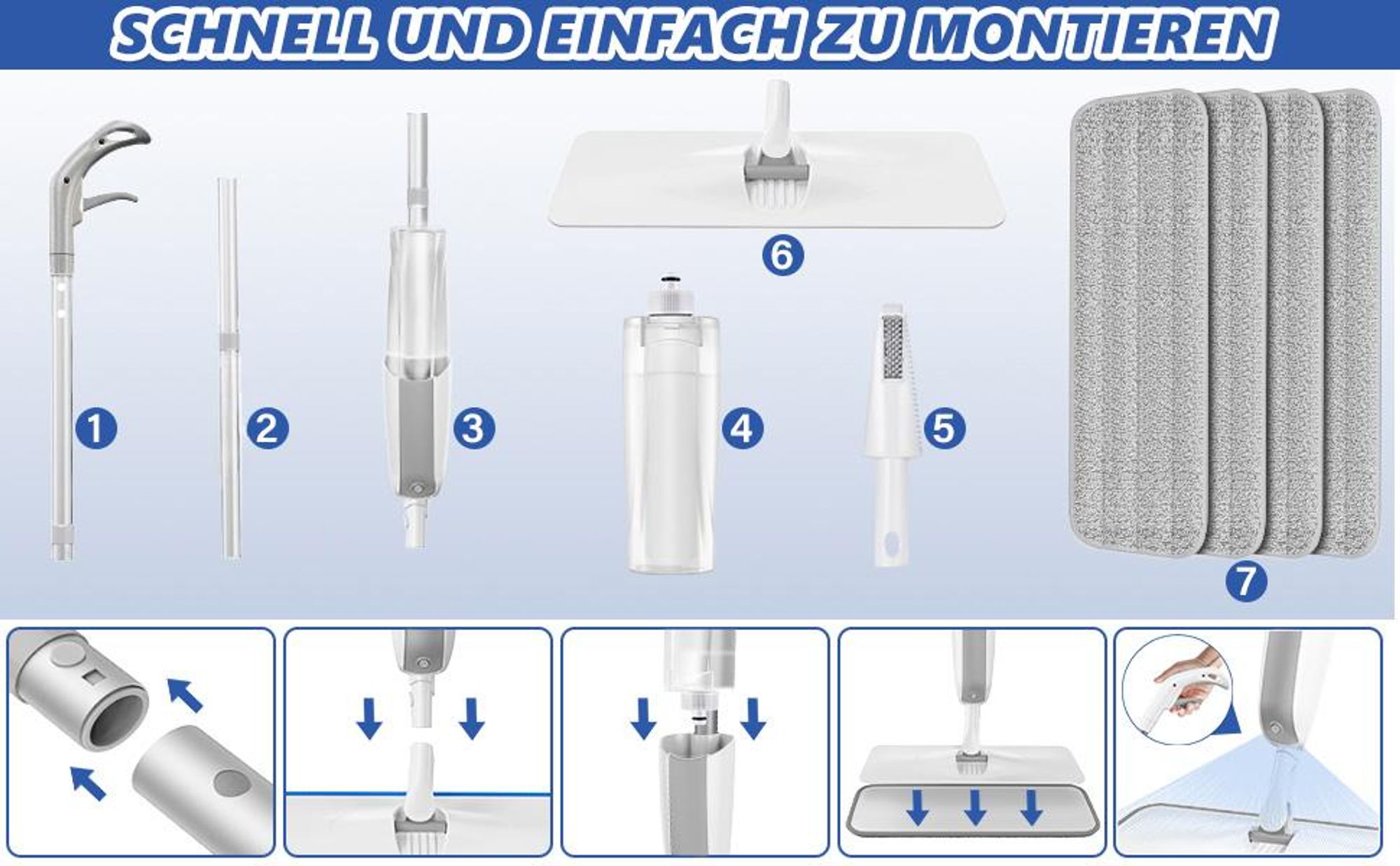 Sprühwischer Bodenwischer mit Sprühfunktion, Spray Mop inkl. 4 Mikrofaserpads, Wischmop für Laminat Fliesen Parkett, 300ml Wassertank, 360° Gelenk