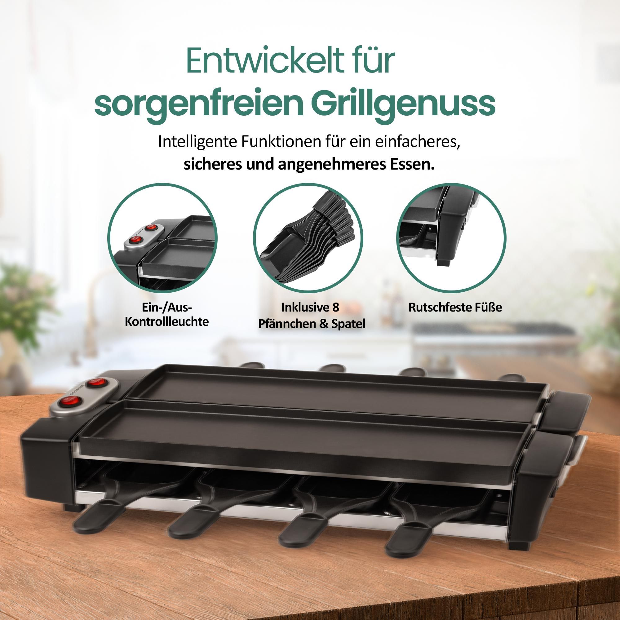 Emerio Raclette-Grill RG-132098.2 – Gourmet – PFAS-frei – 8 Pfännchen und Spatel – ILAG-Beschichtung