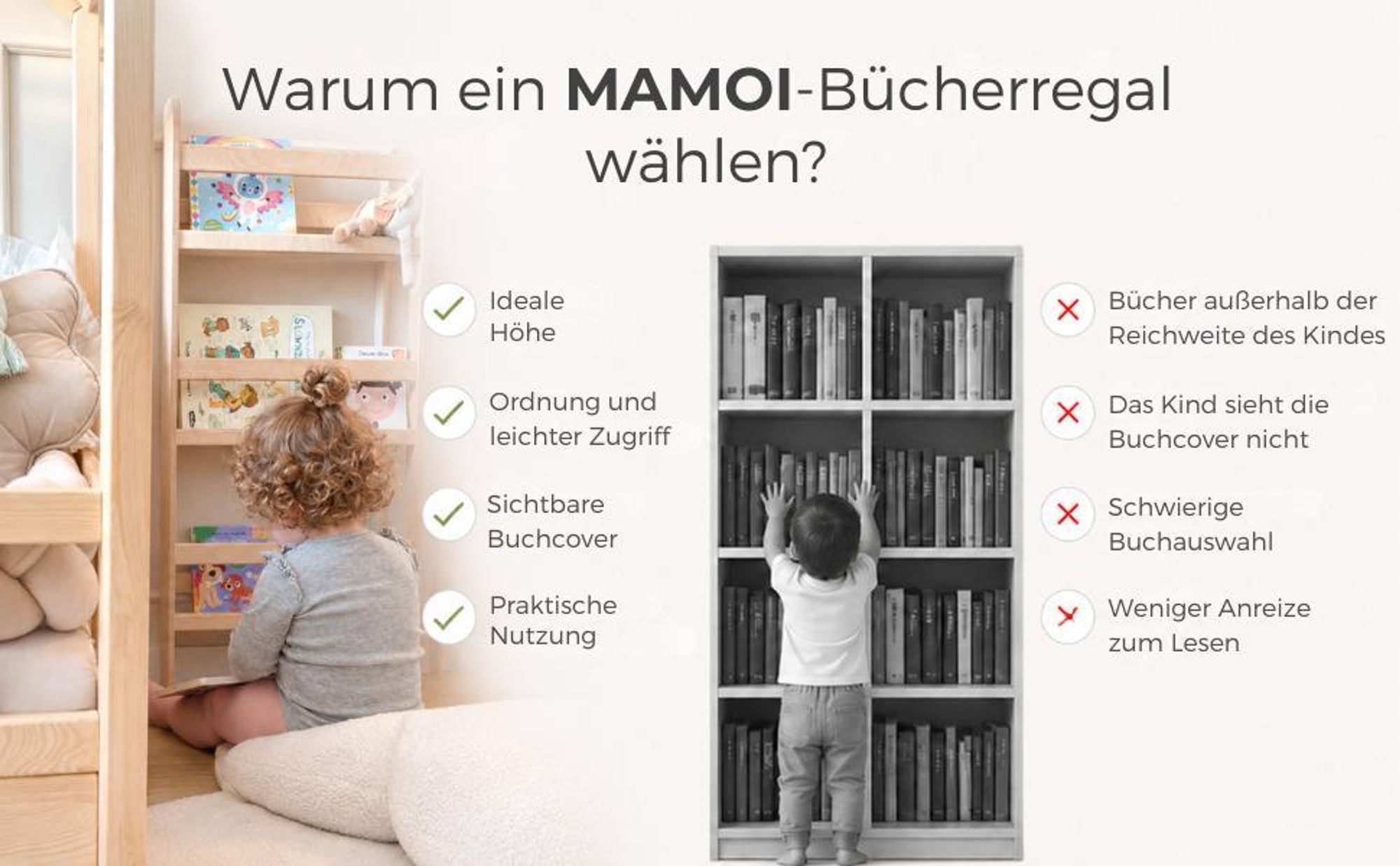 MAMOI® Kinderbücherregal aus Holz – Bücherkiste, Kinderbücherregal, Bücherregal für Kinderzimmer, Bücherbank, Wandregal, Montessori Kindermöbel