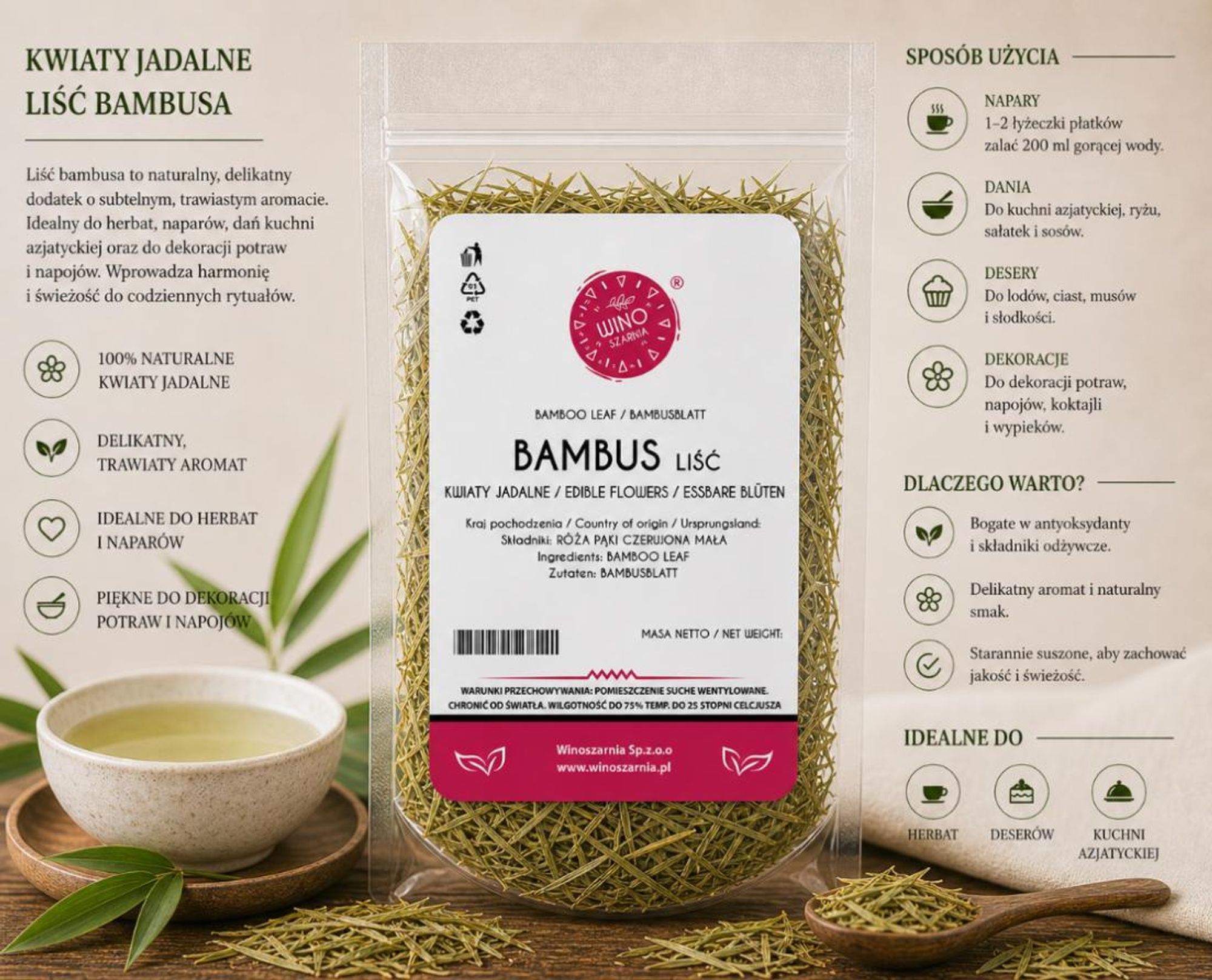 Liść Bambusa Suszony 250g Jadalne Liście Kwiaty Jadalne