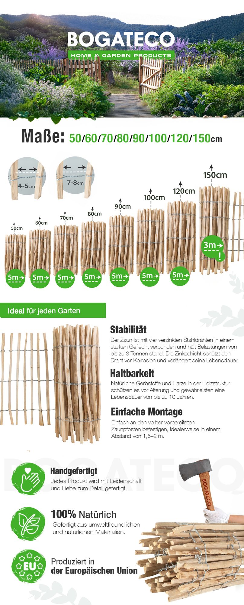 BOGATECO Staketenzaun Haselnuss Kastanie | Holz-Zaun 60 cm Hoch & 500 cm Lang | Lattennabstand 7-8 cm |
