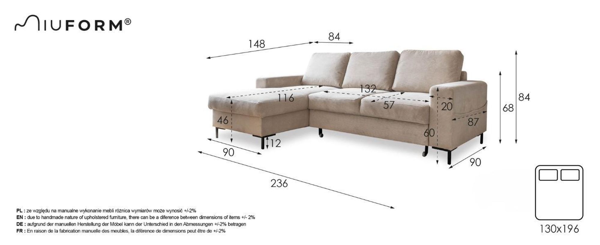 MIUFORM Lofty Lilly - Ecksofa mit Bettfunktion und Bettkasten L-FORM RECHTS - 236x148cm - Beige - Sofa Schlafsofa Couch