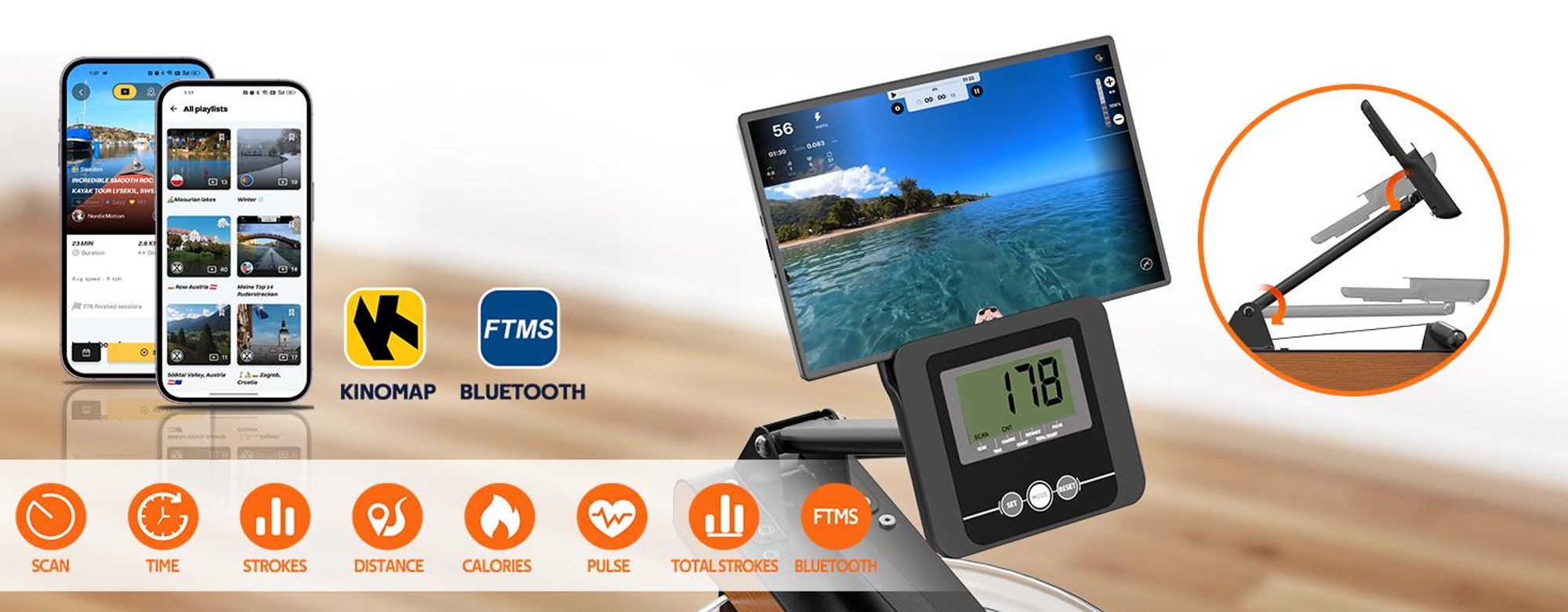 VOWVIT Heim-Rudermaschine klappbar, Bluetooth, verstellbare Tablet-Halterung, 98% vormontiert, Schwarz