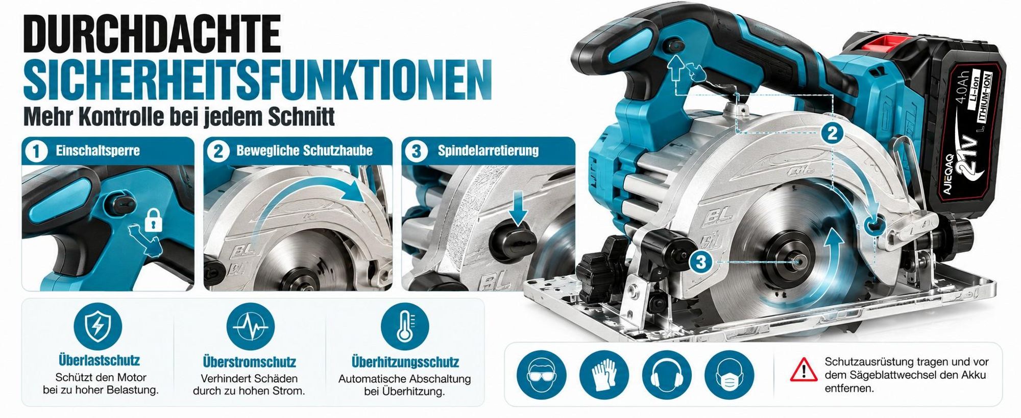 Akku-Handkreissäge 21V 2000W Brushless, 125mm Mini Kreissäge mit 2×4,0Ah Akkus, 10800 U/min, 45mm Schnitttiefe, 0–45° einstellbar, 3 Sägeblätter