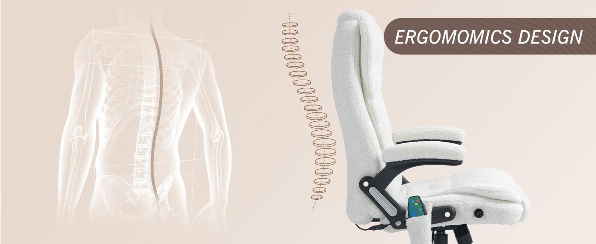 Fotel biurowy Vinsetto z funkcją masażu. Ergonomiczny fotel gabinetowy z funkcją podgrzewania, odchylania i bujania. Regulowana wysokość, obrotowy o 360°. Fotel komputerowy z kieszenią boczną, welurowy wygląd, biały.