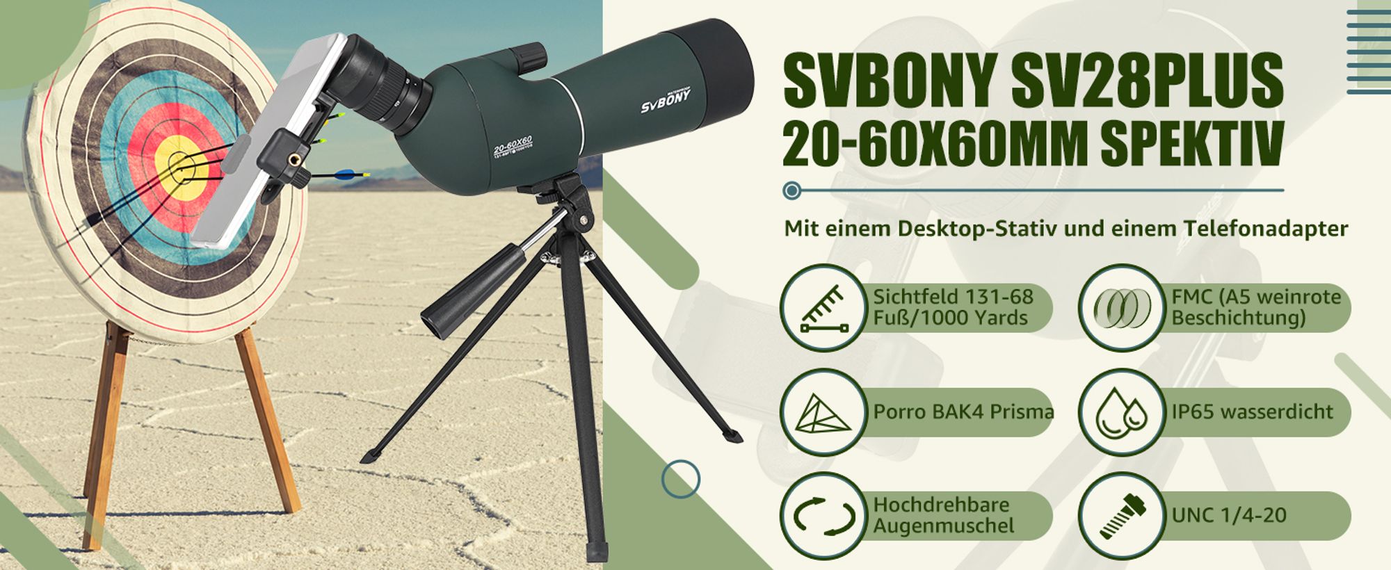 Svbony SV28PLUS Spektiv mit Stativ, 20-60x60mm BAK4 FMC Objektiv, Wasserdicht Beschlagfrei, mit Handy Telefonadapter, für Vogelbeobachtung, Zielschießen, Bogenschießen