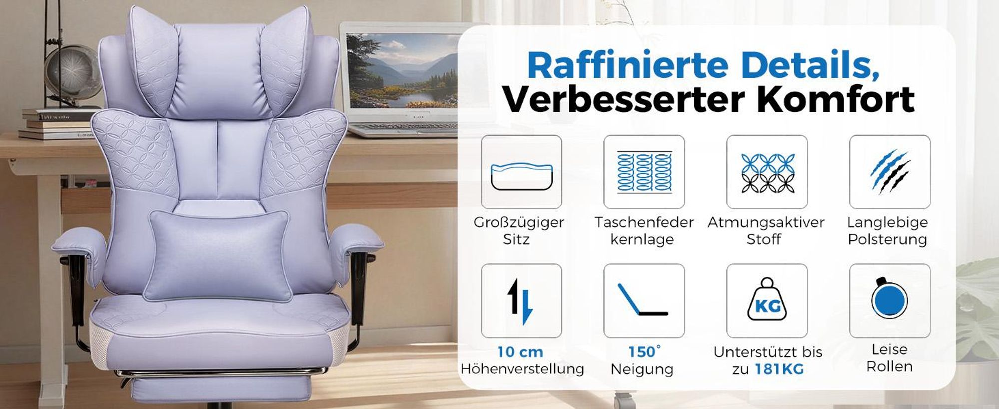 GTPLAYER Gaming Stuhl, Ergonomischer Bürostuhl mit Fußstütze, 150° Verstellbare Rückenlehne & Armlehnen, Computerstuhl Chefsessel, 180KG, lila