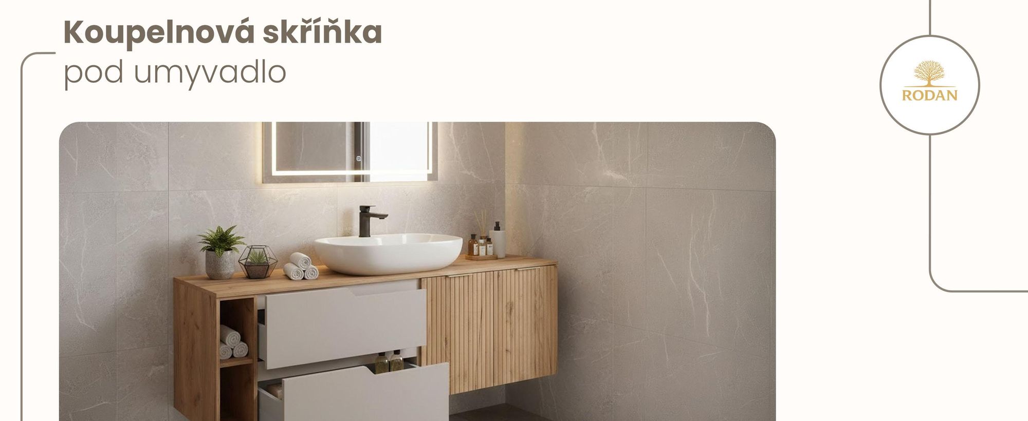 RODAN | Skříňka pod Umyvadlo - Hnědá a Béžová - 140 cm - S deskou Stolu - 2 Zásuvky - MDF - 2 Dveře - Integrovaná Polička - MODERN