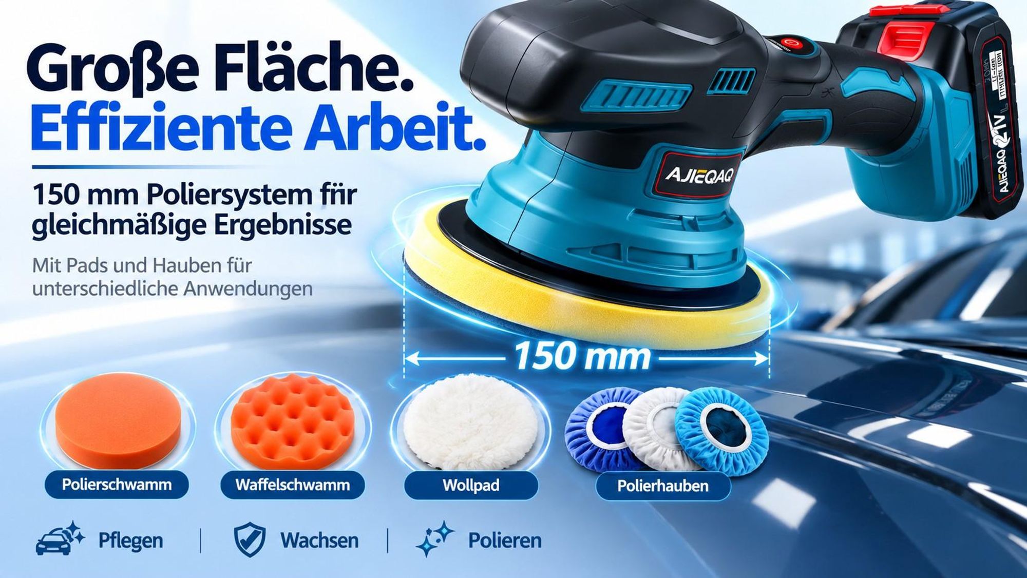 Akku-Poliermaschine 21V MAX, Exzenter-Poliermaschine 150 mm, 9 Stufen, 2500–7800 U/min, 2×2,0Ah Akkus, Soft Start