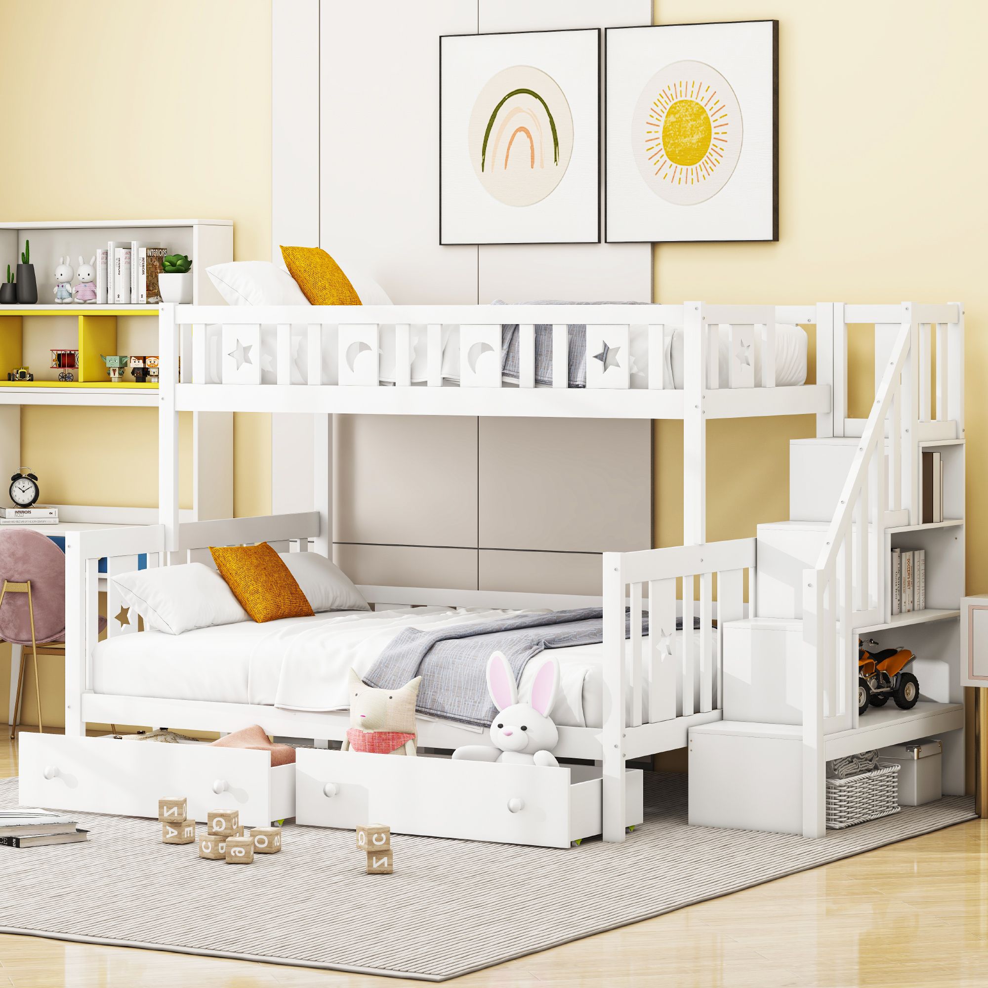 Merax Etagenbett 90x200/140x200cm mit 2 Schubladen und Treppe, Kinderbett mit Rausfallschutz und Lagerregal, Kieferholzbett Stockbett Hausbett Jugendbett, Weiß