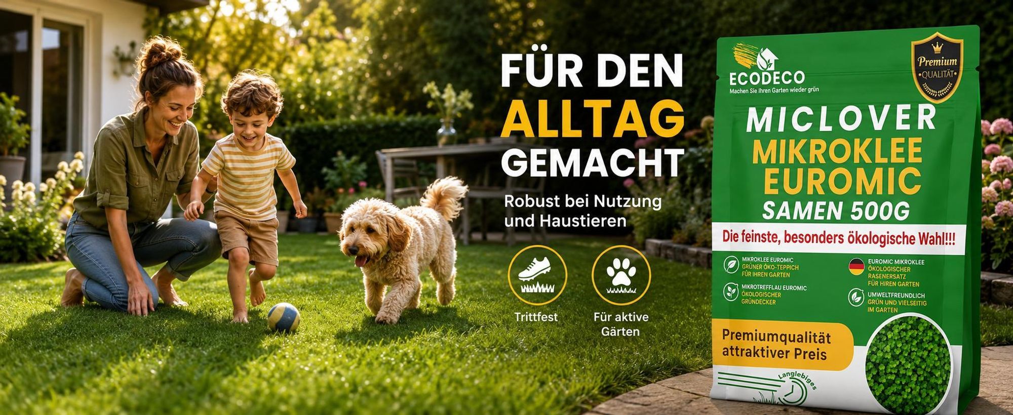 EcoDeco Mikroklee Samen Euromic 0,5 kg, Mikroklee Samen für Rasen mit Mikroklee, Klee Samen, Weißklee Samen, qualifiziertes Saatgut C/1