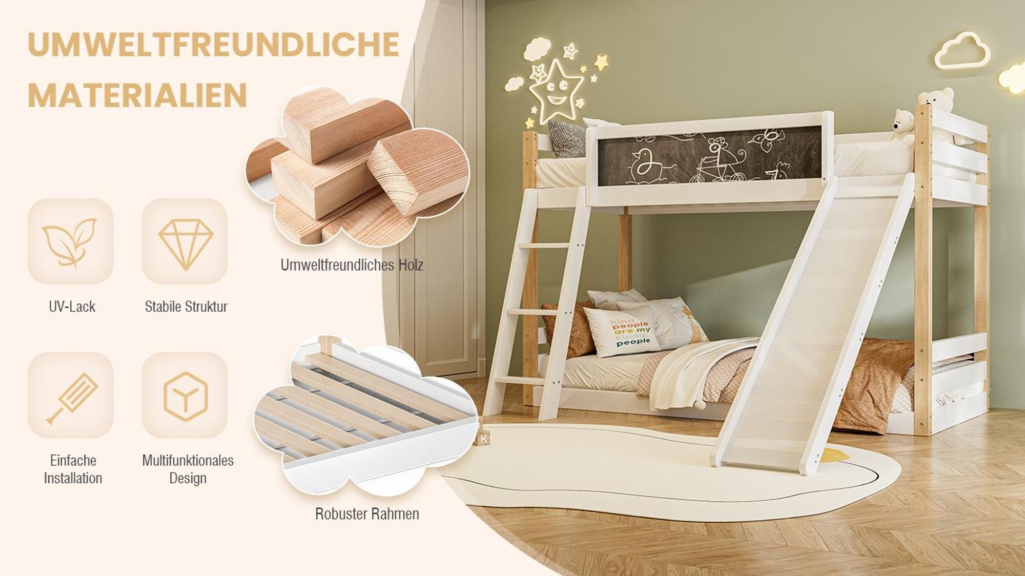 LVHOM Etagenbett mit Rutsche und Treppe, Hochbett 90x200/90x190cm mit Tafeln, Kinderbett aus Massivholz, Jugendbett Bettgestell, Weiß/Natur
