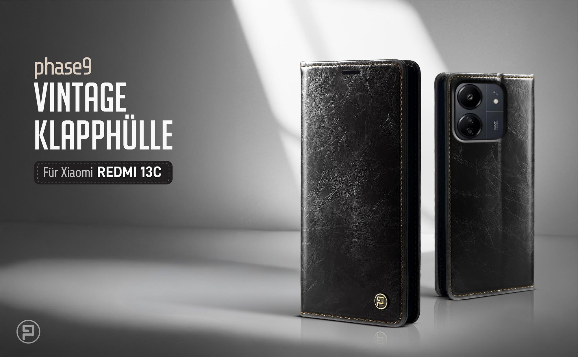 Schwarze Klapphülle für Xiaomi Redmi 13C im klassischen Vintage Look