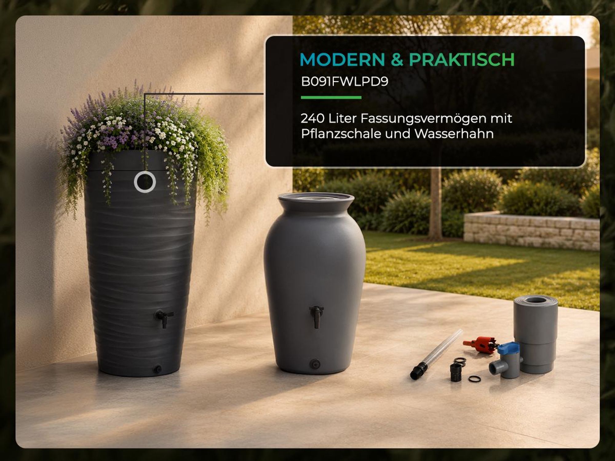 YourCasa Regentonne 230 Liter [Decore Design] - Nachhaltige Bewässerung im Garten Anthrazit