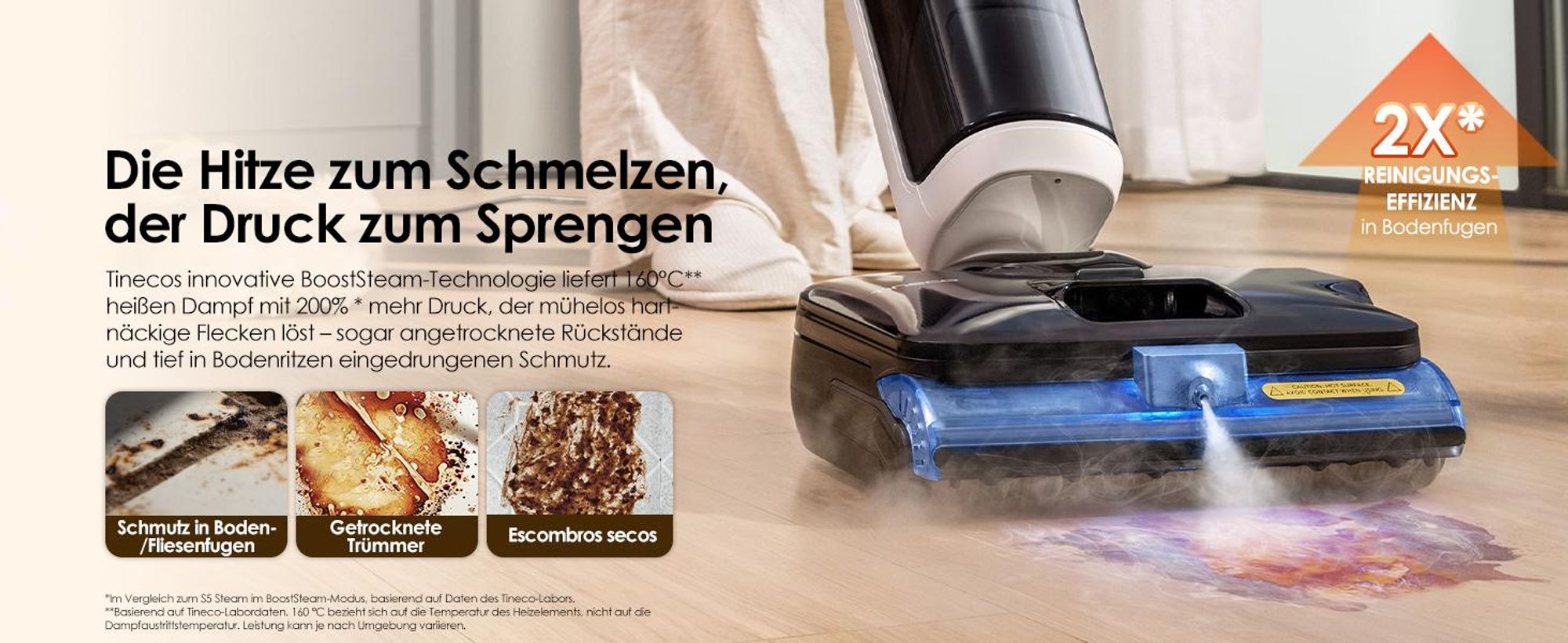 Tineco FLOOR ONE S6 Stretch Steam Nass Trockensauger mit Kabel, 160℃ Dampfreiniger, BoostSteam, 180°Lay-Flat, Anti-Tangle, FlashDry Selbstreinigung