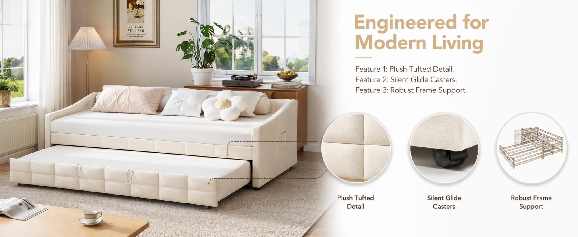 INONEFT Polsterbett Schlafsofa 90x200cm mit Ausziehbett ,Tagesbett mit Lattenrost und Armlehnen,Jugendbett,Samt, Beige
