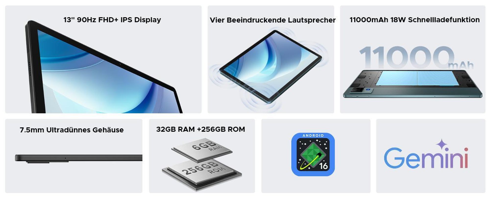 DOOGEE U13 Pro Tablet Android 16, 13,4 Zoll, 36 (6+30) GB + 256 GB(bis 2TB erweiterbar), 120Hz, 11.000 mAh/18 W, Gemini AI, Widevine L1,Tastatur-Set