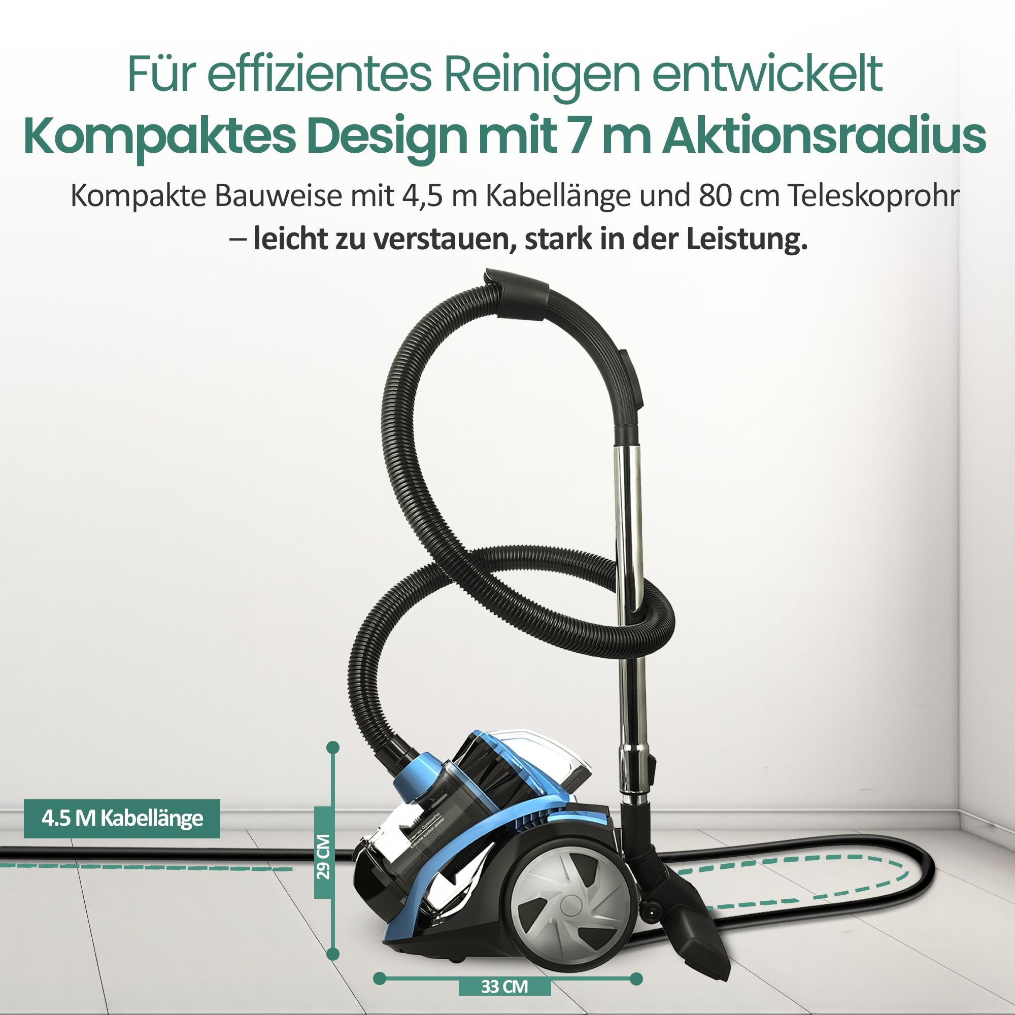 Emerio Staubsauger ohne Beutel – 2 Liter – HEPA-Filter – Kabellänge 4,5 m – Hochleistungsbürste – 700 W – VCE-108278.10 – Schwarz / Blau