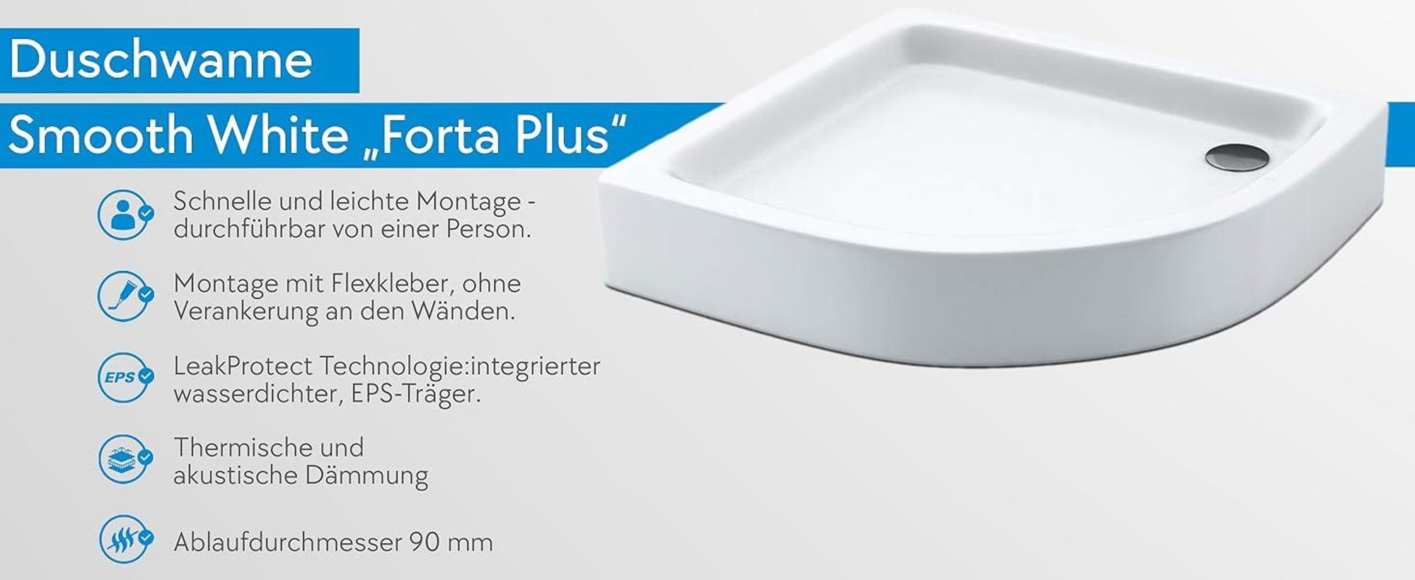 AQUABAD Duschwanne/Duschtasse | Forta Plus mit LeakProtect Technologie Smooth White 90x90cm Viertelkreis R55