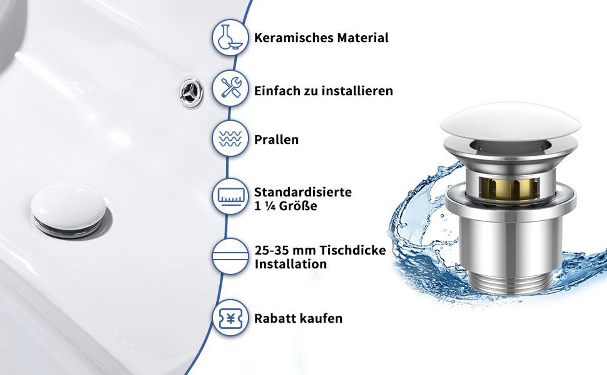 Homelody Wasserhahn Bad mit Universal Ablaufgarnitur Armatur Mischbatterie Waschbeckenarmatur mit Weiß Pop-Up Ventil Messing Überlauf Abflussgarnitur
