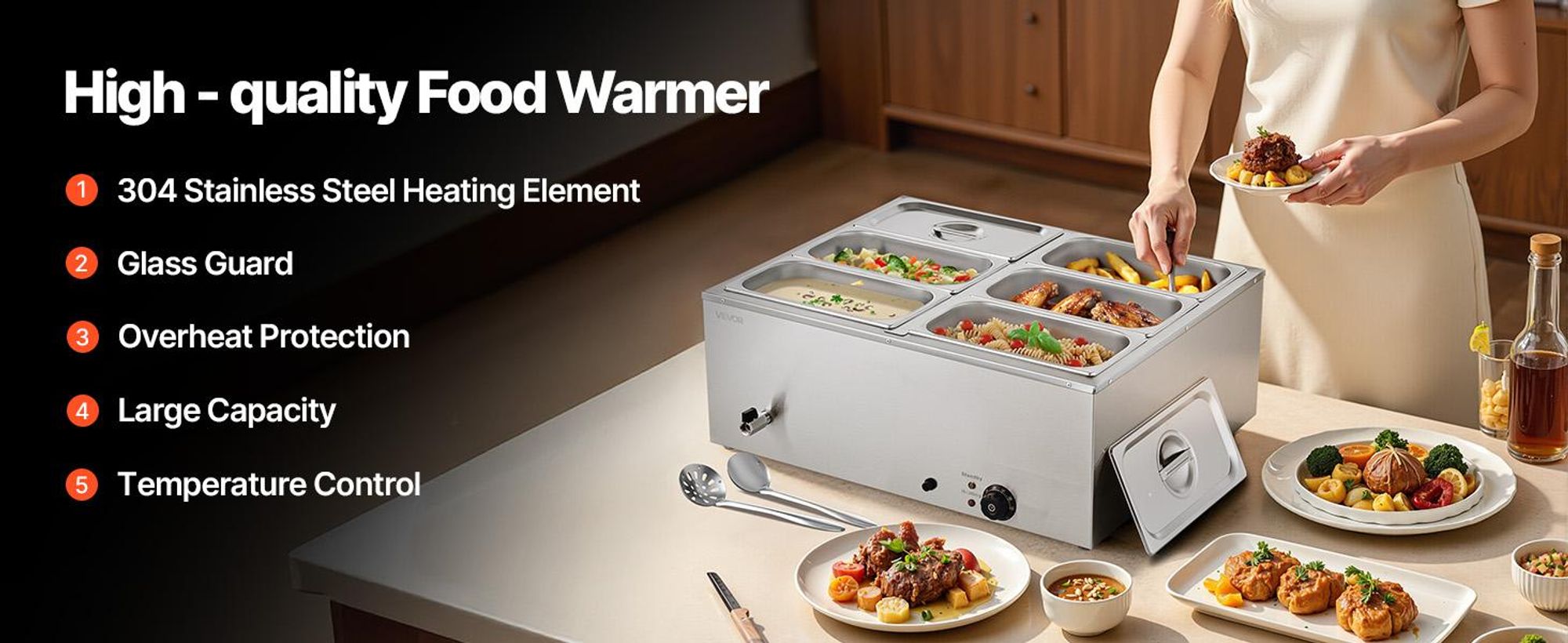 VEVOR 8-Pfannen Gewerblicher Speisenwärmer, 8 x 8QT Elektrischer Dampftisch mit Glasabdeckung, 1700W Edelstahl Buffet Bain Marie 86-185°F Temperaturregelung für Catering, Restaurants, Silber, 6 x 1/3-Größe Pfannen-a