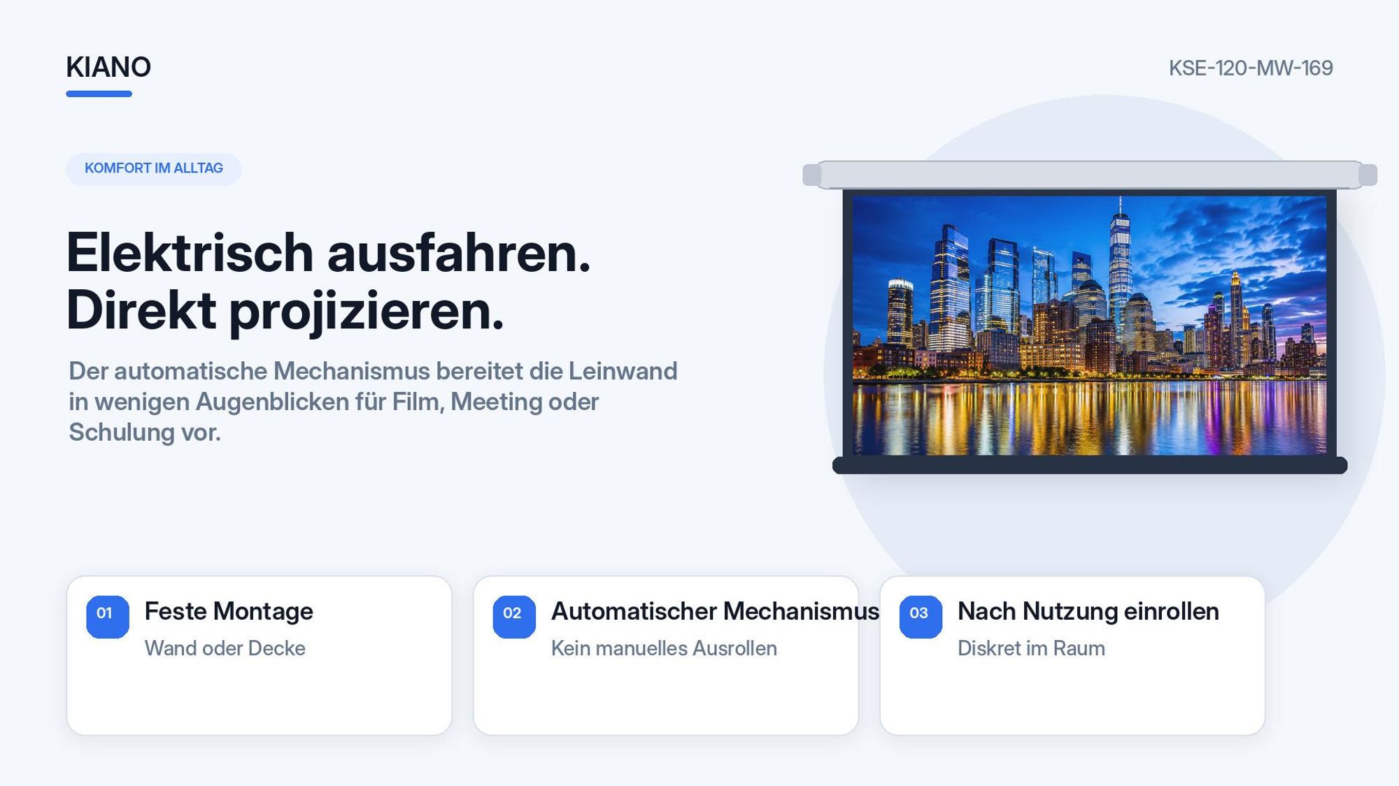 Kiano Electric 120 Zoll Beamer-Leinwand 16:9 Matt White, elektrisch, Wand- und Deckenmontage für Heimkino und Büro