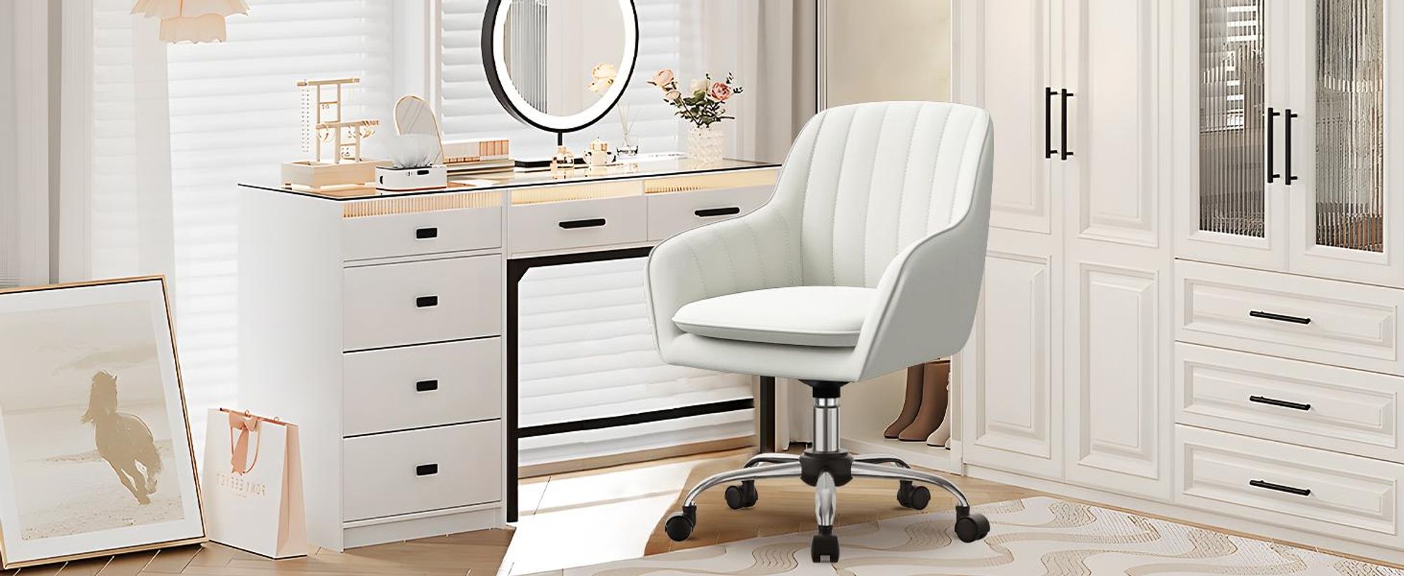 Portreen Bürostuhl, Drehstuhl,Homeoffice Stuhl,Schreibtischstuhl, bürostuhl ergonomisch, Chefsessel 150kg,Drehstuhl mit Rollen,Stuhl für Schminktisch