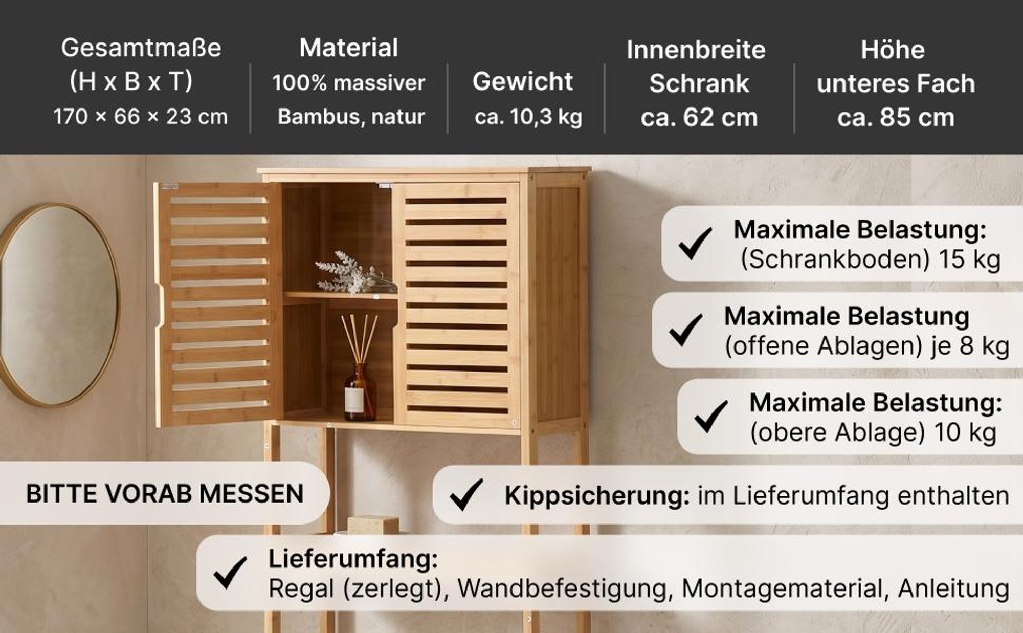 MinteLiv Waschmaschinenschrank Bambus - Platzsparendes Toilettenregal & Badregal