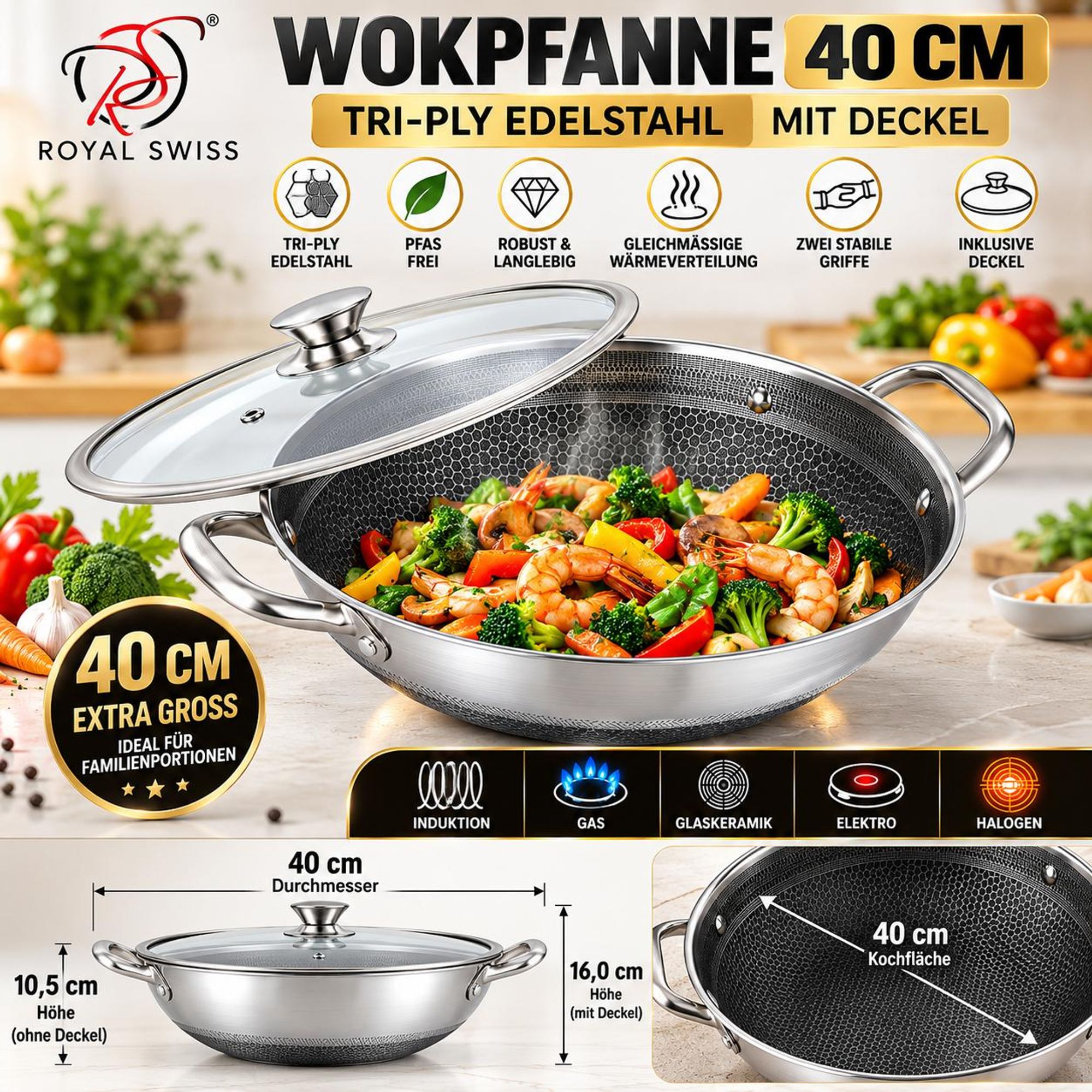 Wokpfanne 40 cm – Tri-Ply Edelstahl – Mit Deckel – PFAS-frei – Induktionsgeeignet