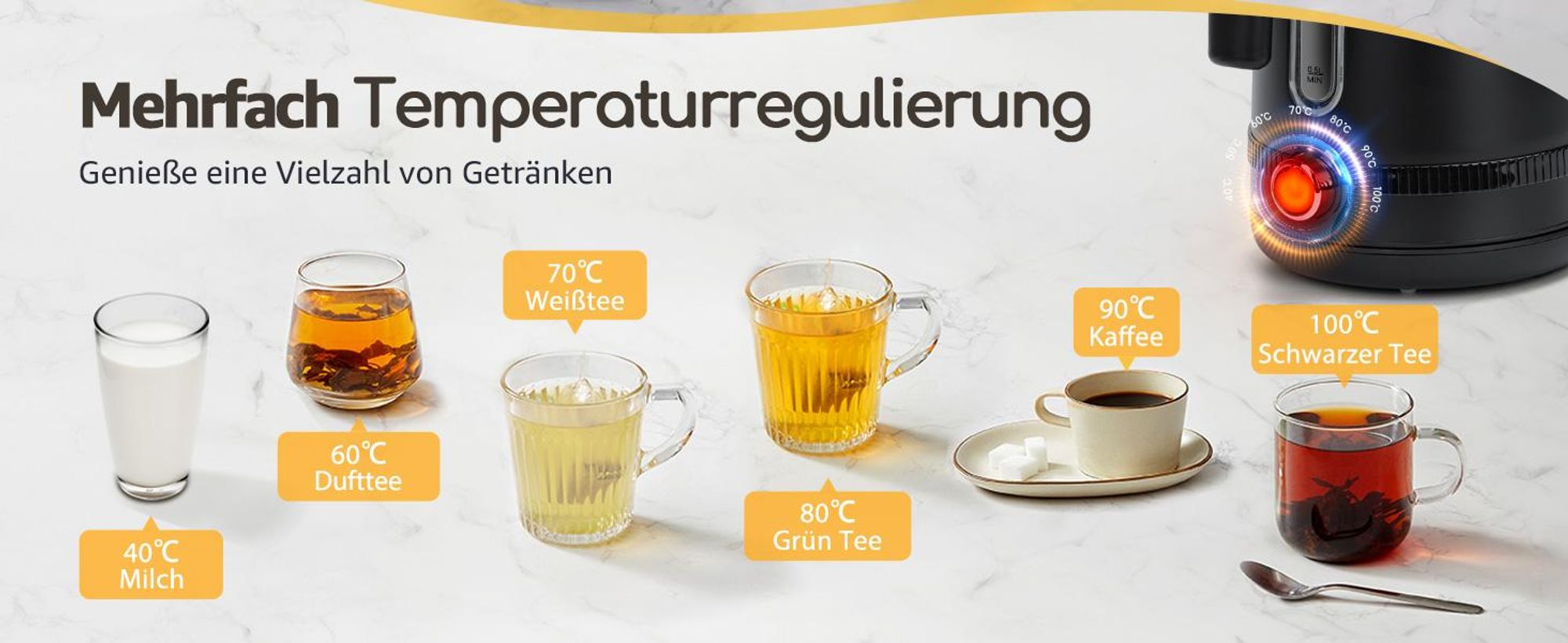 Aigostar - Digitaler Edelstahl Wasserkocher mit Temperatureinstellung 40-100 Grad