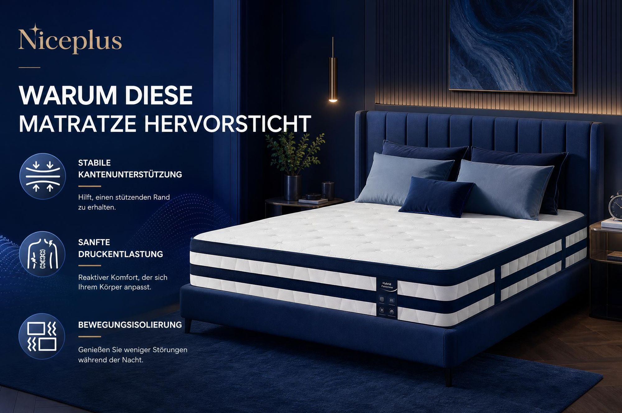 Niceplus Matratze 140x200 26cm Integrierter Topper 7 Zonen Taschenfederkern H4 + 2. Kopfkissen gratis nur bei Mitbestellung im selnkorb