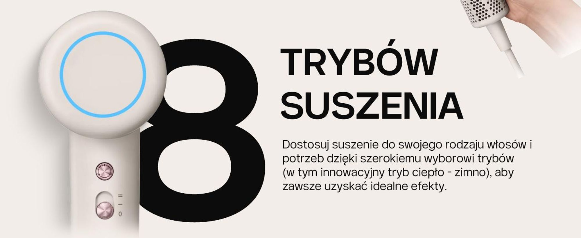 4Suszarka do włosów Swiss F324 AirCare+, 8 trybów suszenia, 110 000 obrotów na minutę, jony >500 milionów, magnetyczna końcówka do stylizacji, cicha i lekka 370 g.