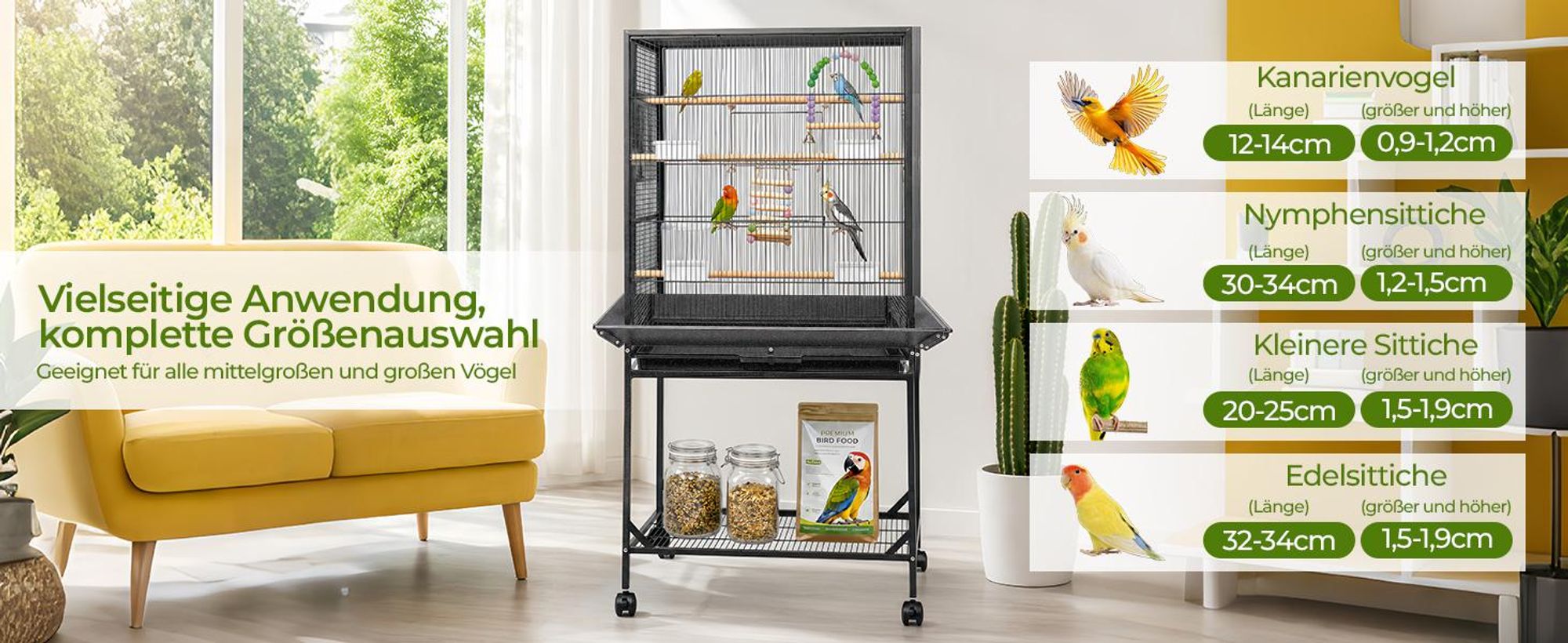 Vogelkäfig mit Ständer und Rollen, 61,5 × 43 × 150 cm, Vogelvoliere mit Freisitz für Wellensittiche, Nymphensittiche & kleine Papageien, Schwarz