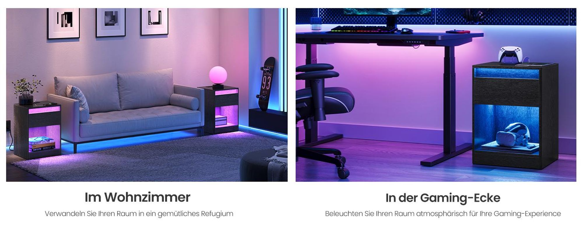 VASAGLE Nachttisch mit einstellbarer LED, Beistelltisch mit Steckdosen